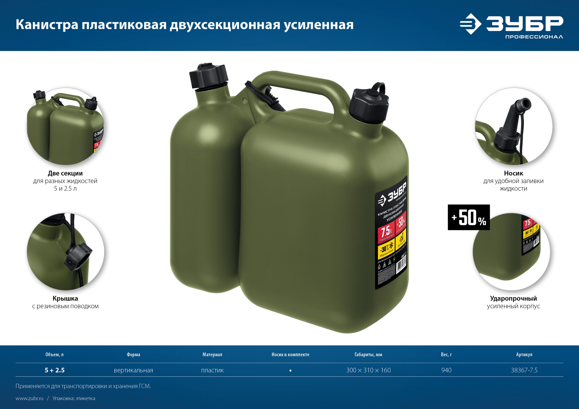 ЗУБР 5 + 2.5 л, пластиковая усиленная двухсекционная канистра, Профессионал (38367-7.5)