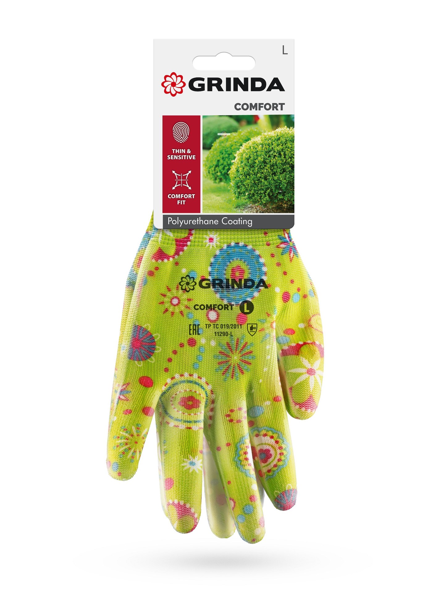 GRINDA COMFORT, L (9), садовые перчатки с прозрачным полиуретановым покрытием, зелёные, 13 класс (11290-L)