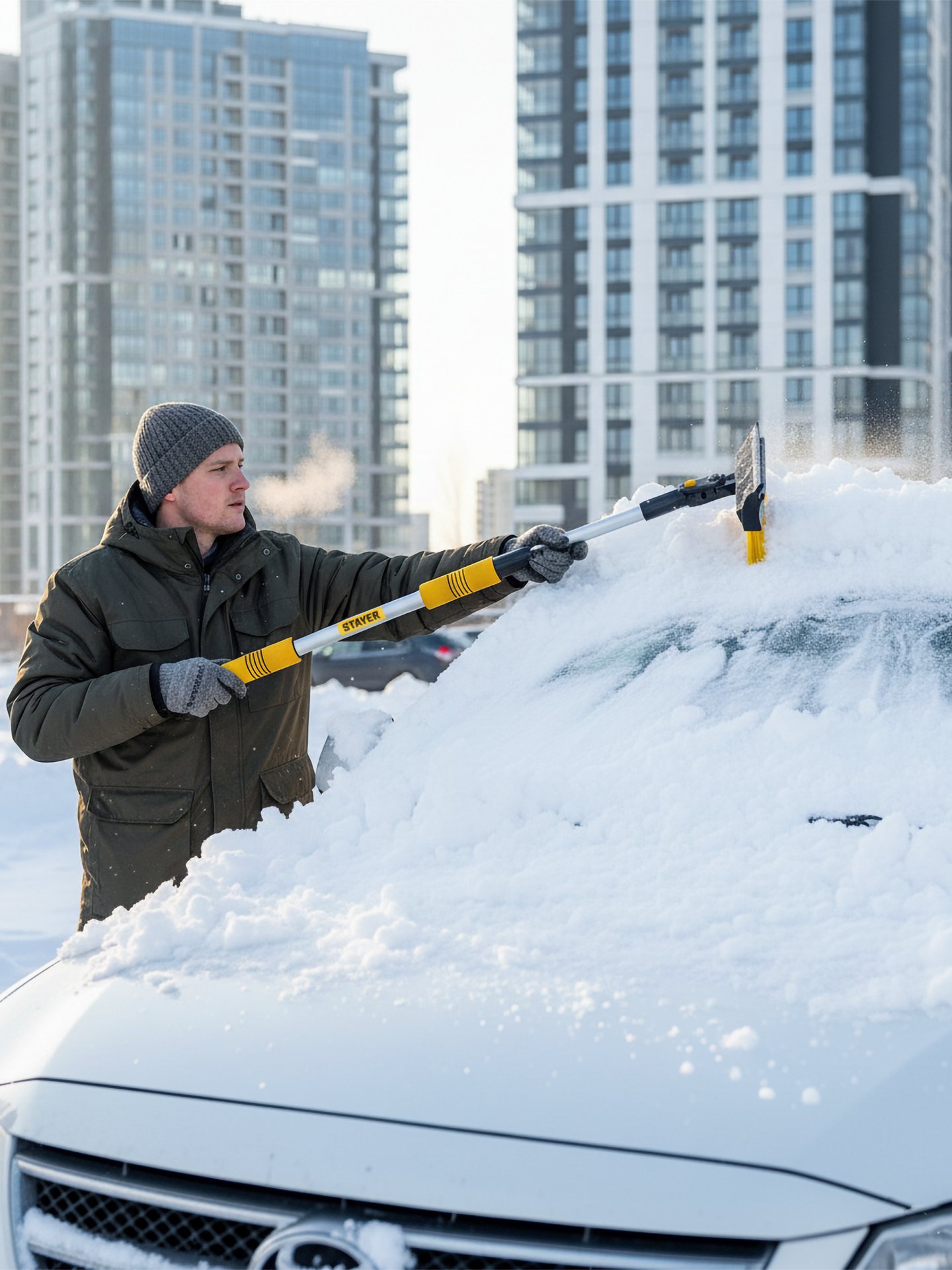 STAYER телескопическая щётка с поворотной головой и водосгоном от снега автомобильная, 990-1445 мм (61042-145)