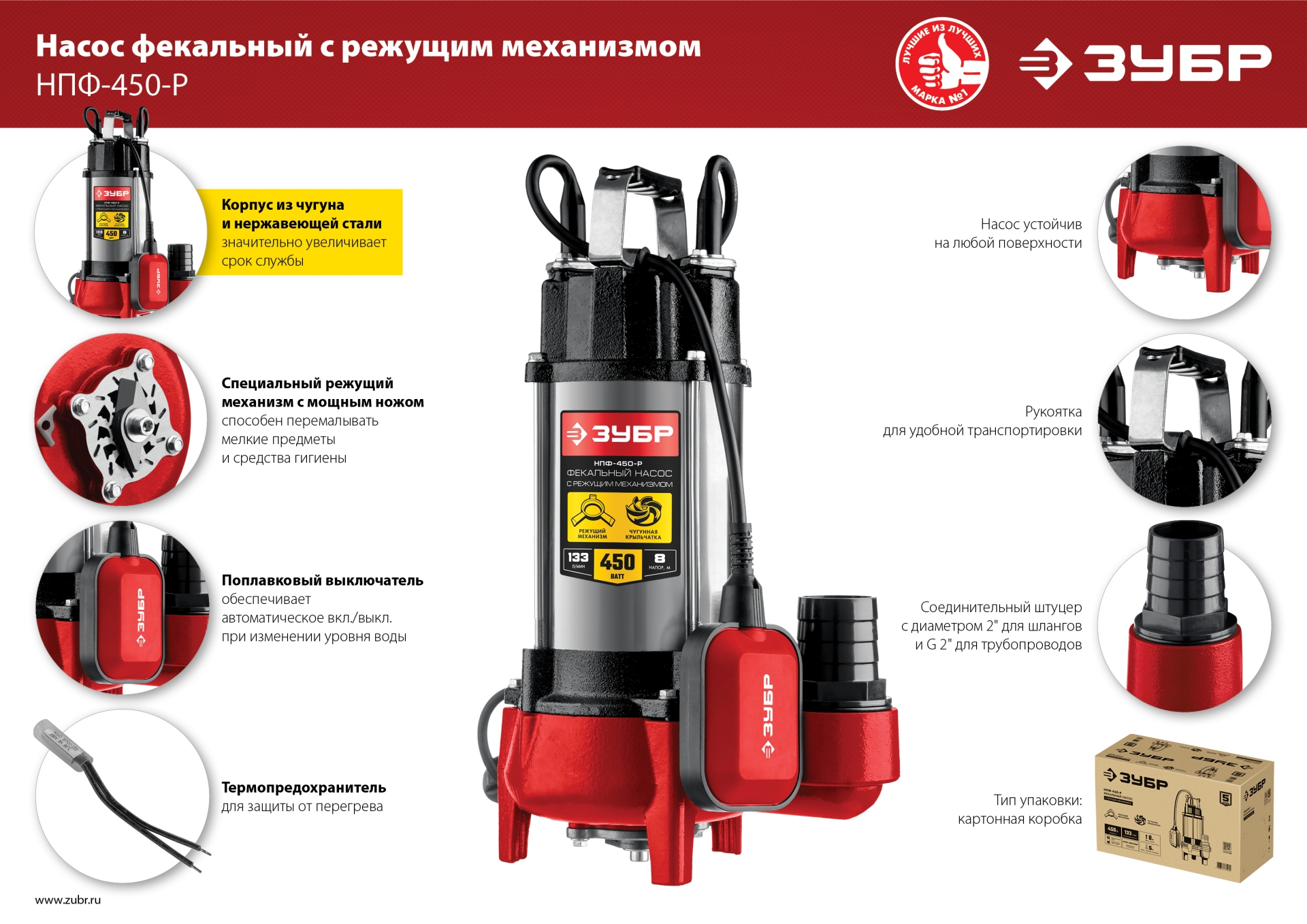 ЗУБР 450 Вт, фекальный насос с режущим механизмом (НПФ-450-Р)