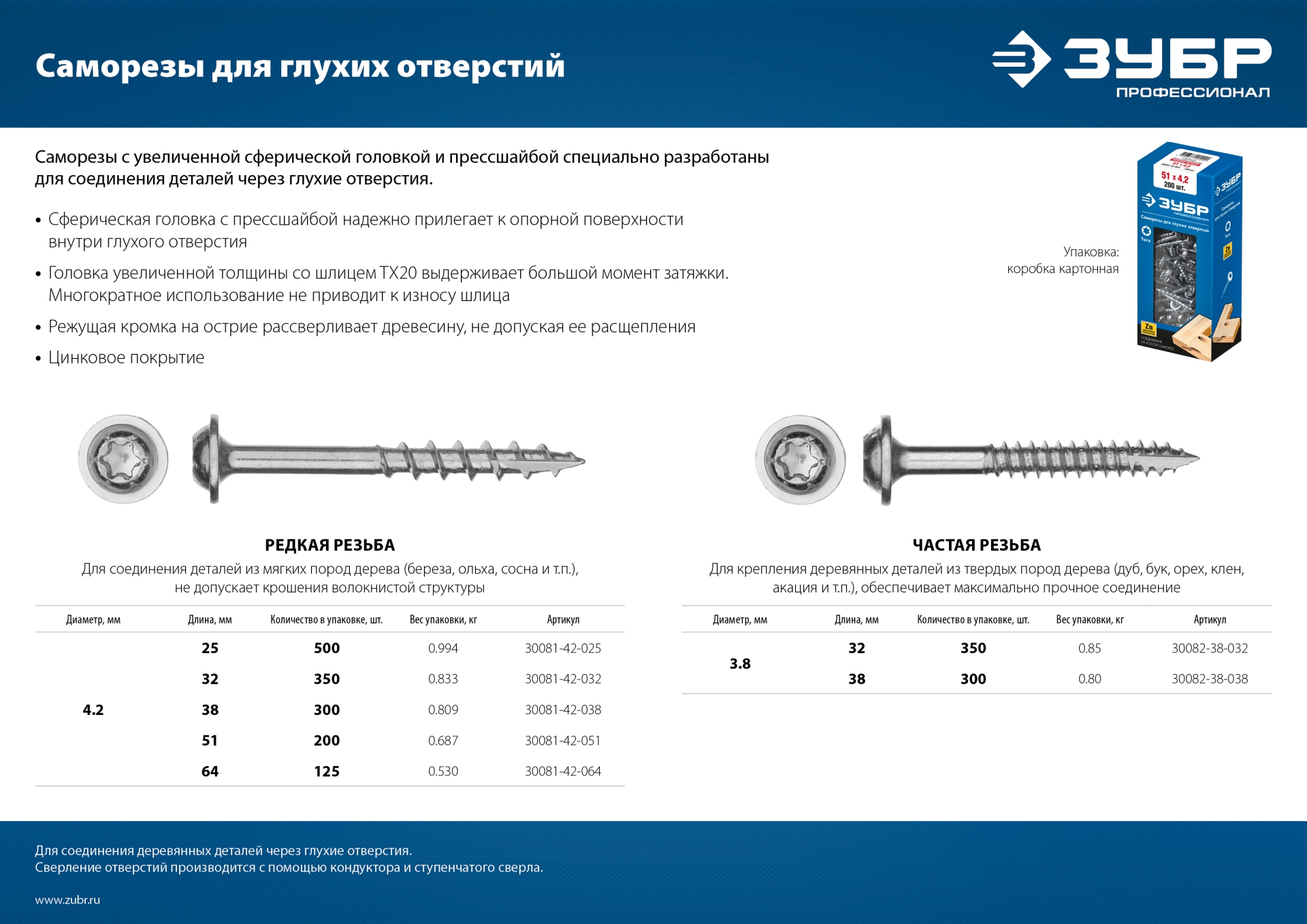 ЗУБР 38 х 3.8 мм, частая резьба, ТХ20, цинк, 300 шт, саморез для глухих отверстий, Профессионал (30082-38-038)
