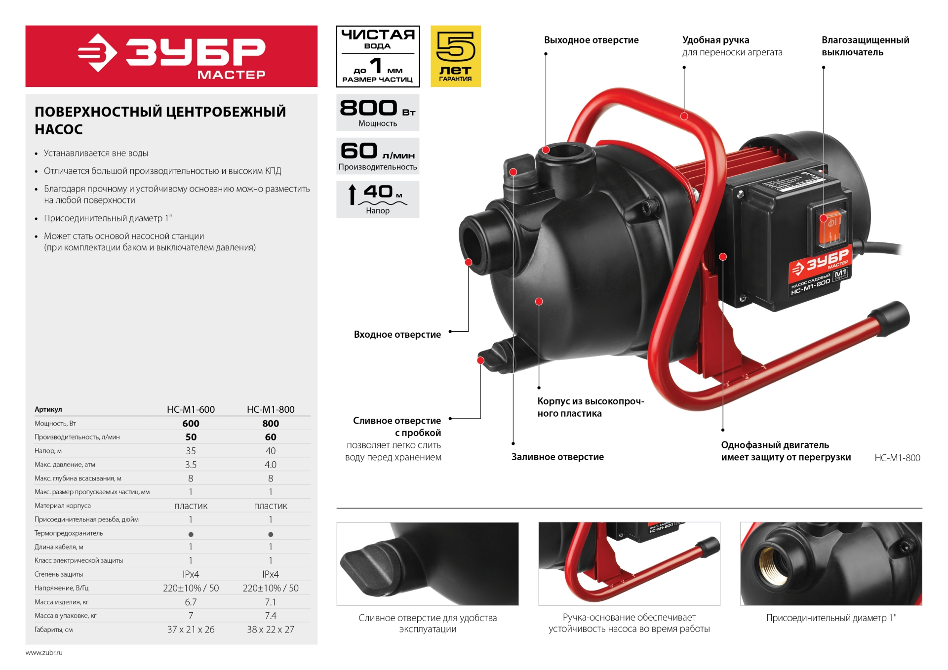 ЗУБР 800 Вт, поверхностный (садовый) центробежный насос (НС-М1-800)