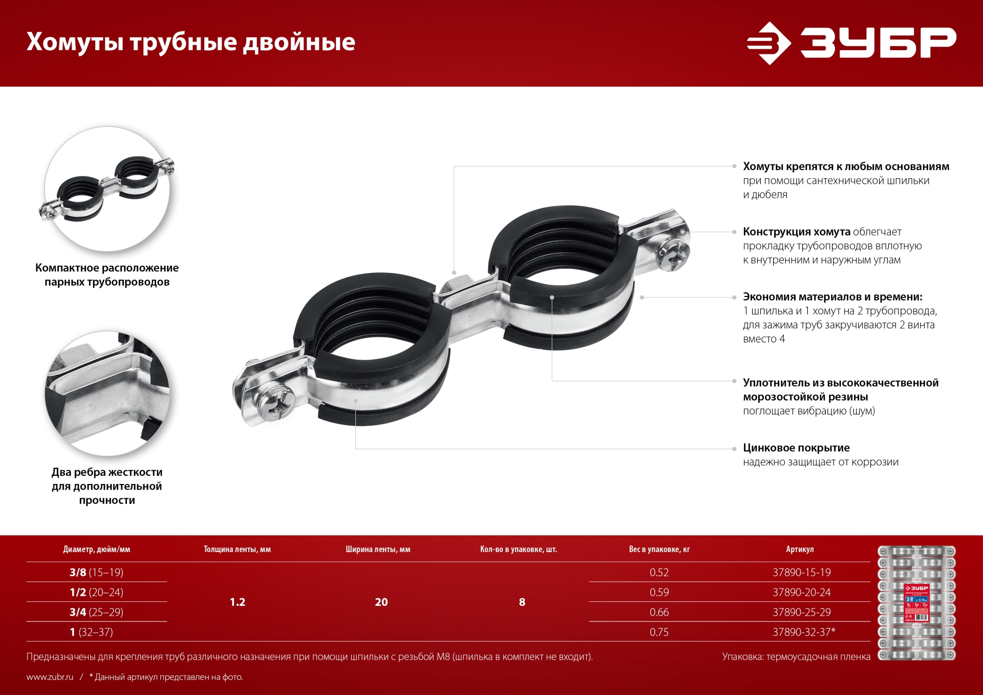 ЗУБР 3/8″, цинк, 8 шт, двойной трубный хомут (37890-15-19)