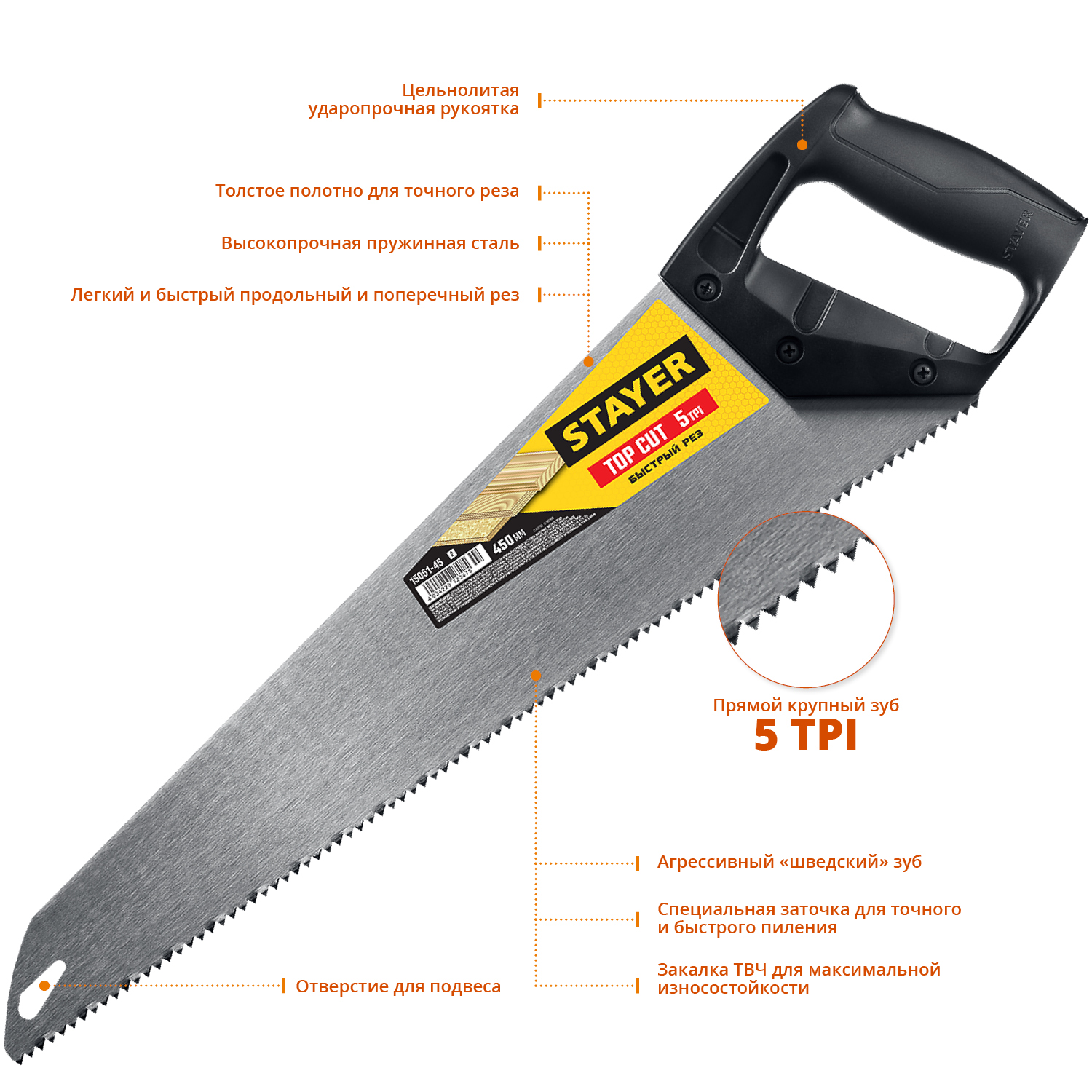 STAYER TopCut, 450 мм, ударопрочная ножовка (15061-45)