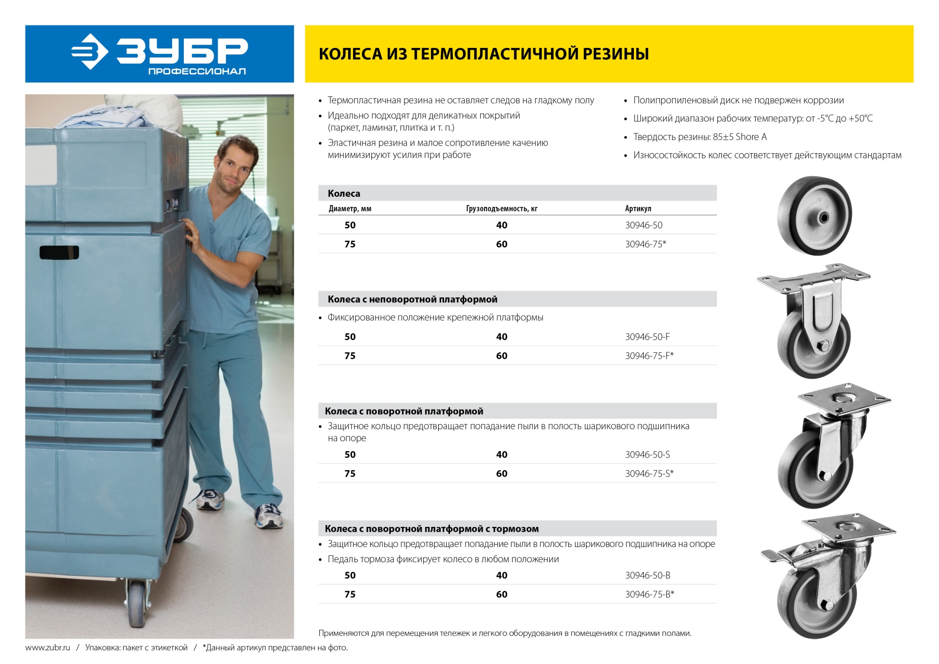 ЗУБР d 50 мм, г/п 40 кг, резина/полипропилен, термопластичное поворотное колесо c тормозом, Профессионал (30946-50-B)