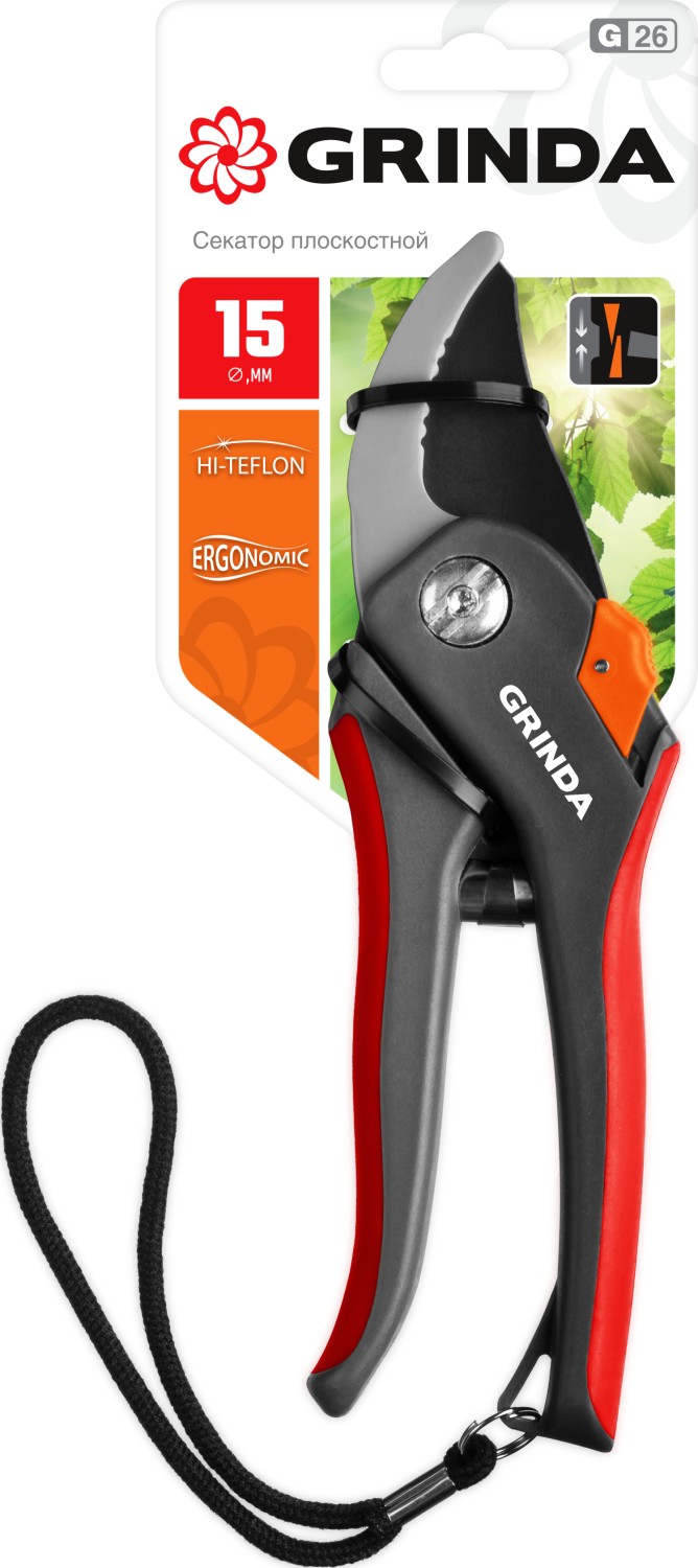 GRINDA G-26, 205 мм, углеродистая сталь, закаленные лезвия, тефлоновое покрыт., двухкомпонентные пластиковые рукоятки, плоскостной секатор (8-423102)