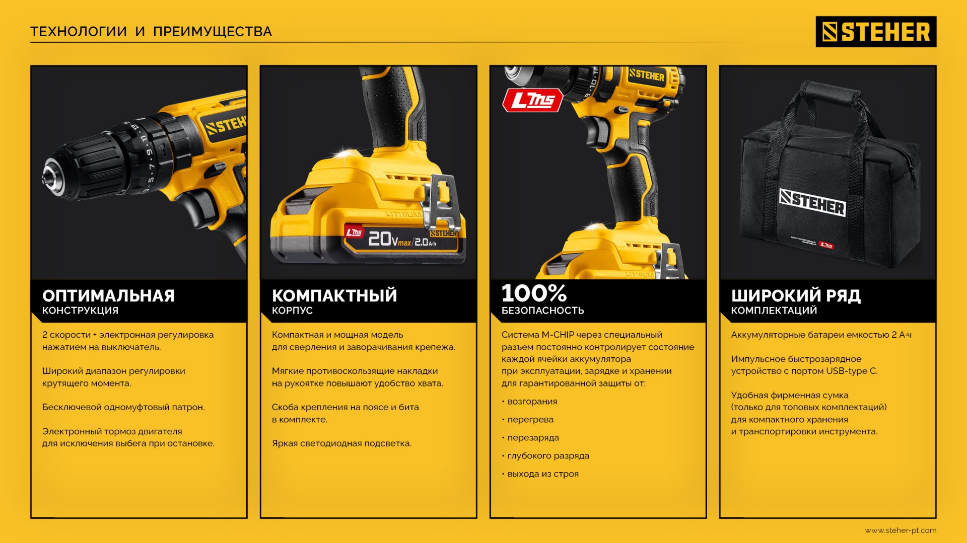 STEHER 20 В, 40 Н·м, 2 АКБ LMS (2 А·ч), дрель-шуруповерт, сумка (CD-40-22)