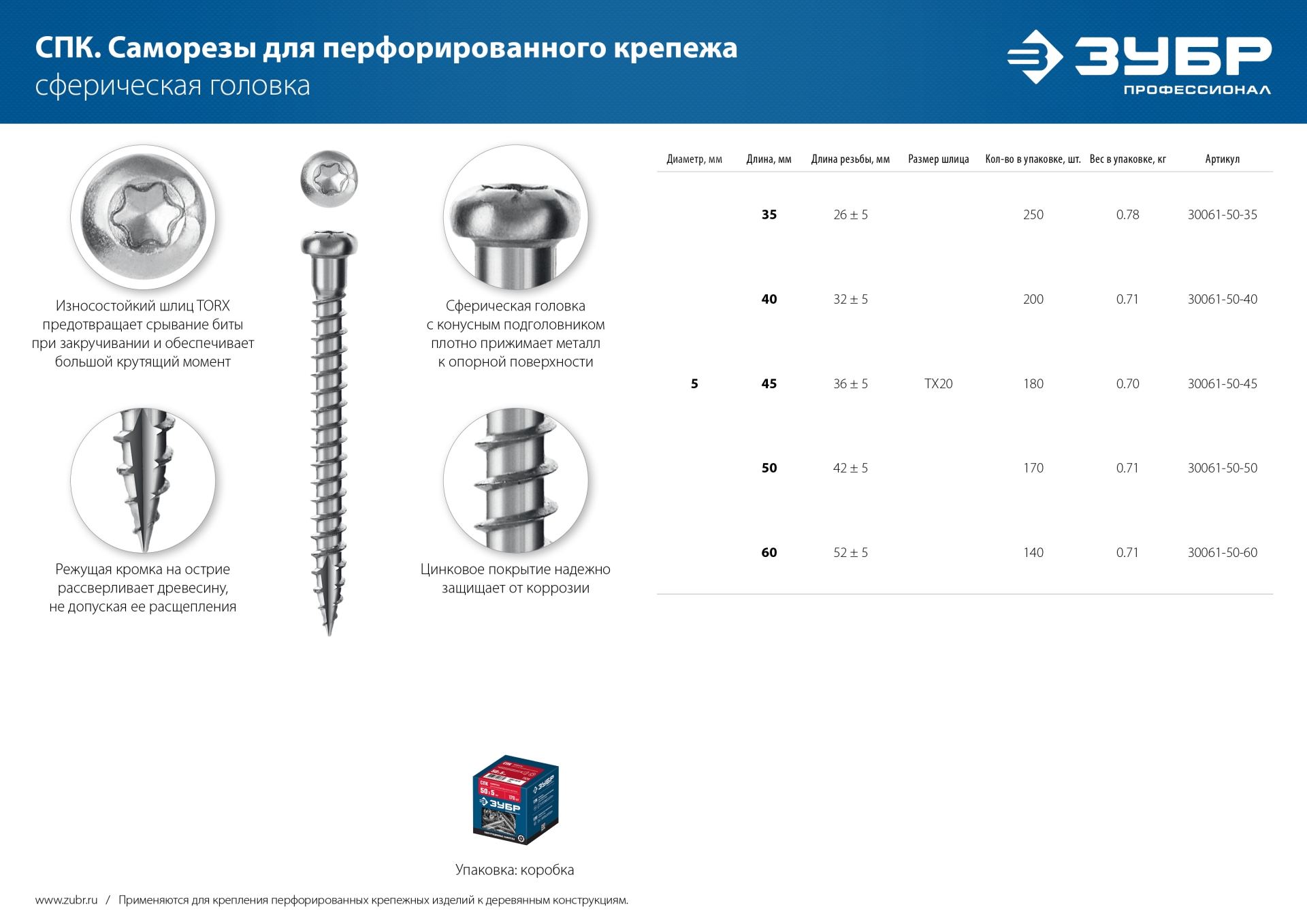 ЗУБР СПК, 35 х 5 мм, TX20, цинк 250 шт (0,75 кг.), саморез для перфорированного крепежа, Профессионал (30061-50-35)
