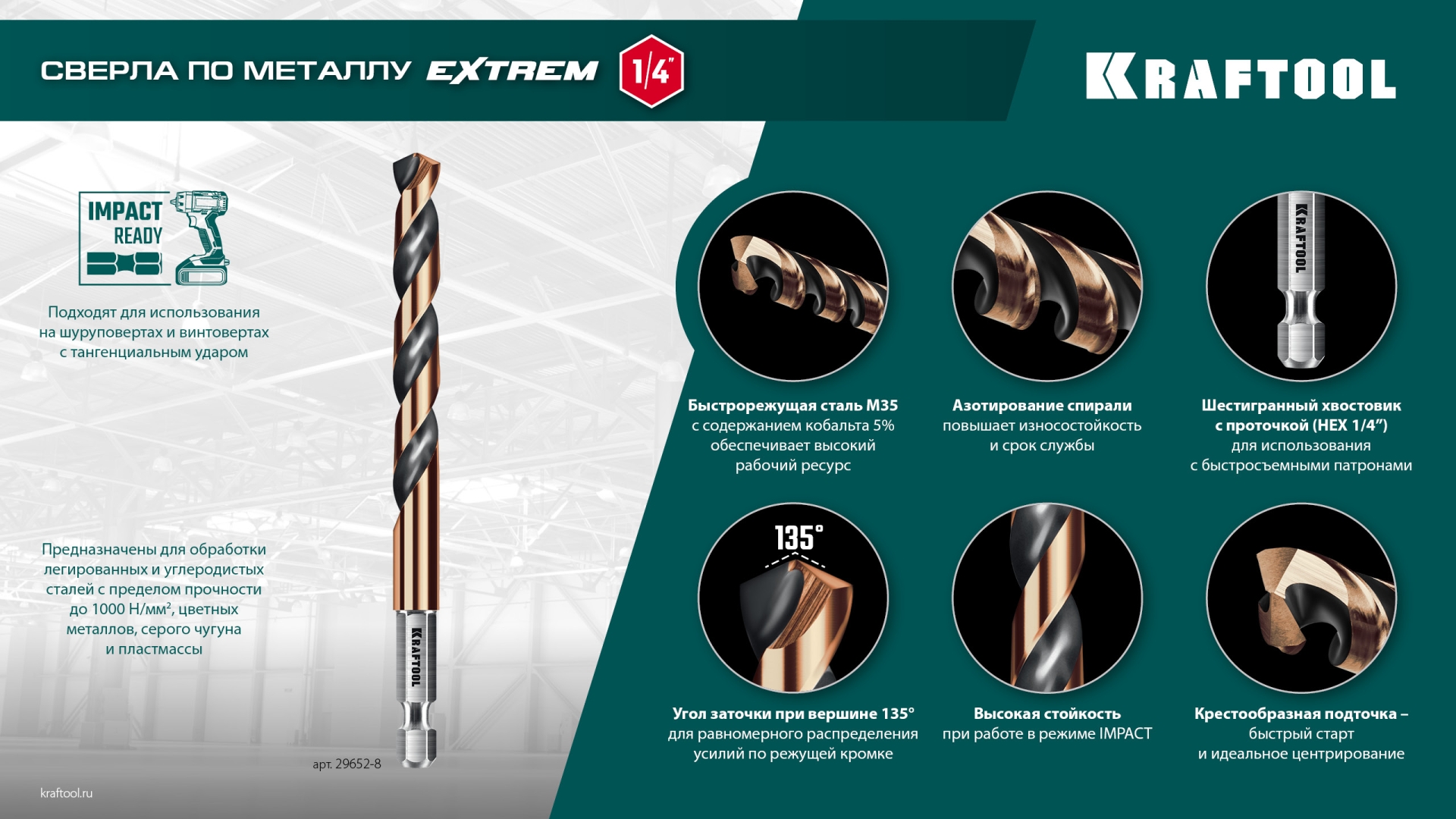 KRAFTOOL НЕХ-1/4″, d 6.0 х 98 мм, сверло по металлу для винтовёртов и шуруповертов IMPACT READY (29652-6)