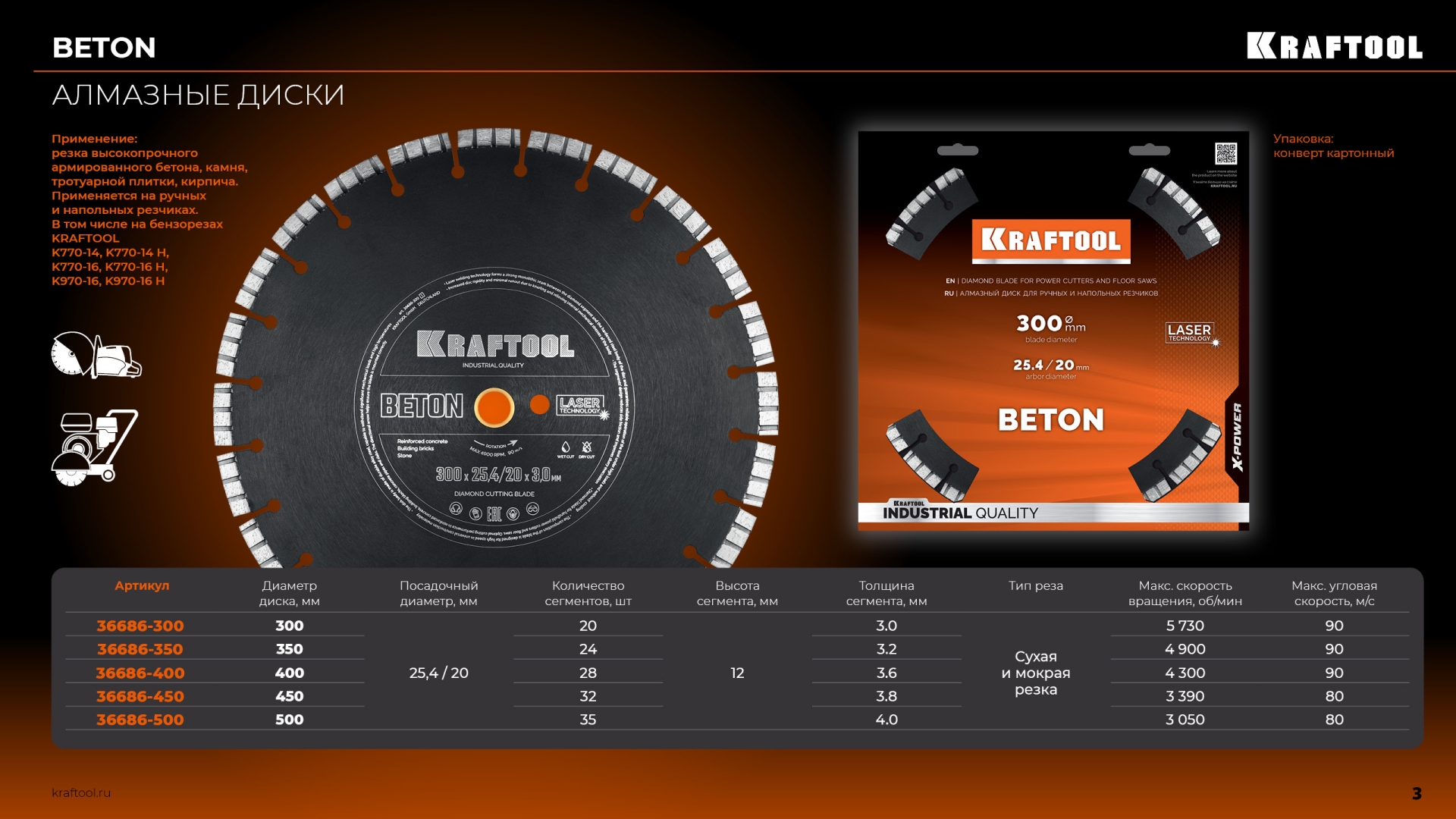 KRAFTOOL BETON 350 мм (25.4/20 мм, 12х3.2 мм), алмазный диск (36686-350)