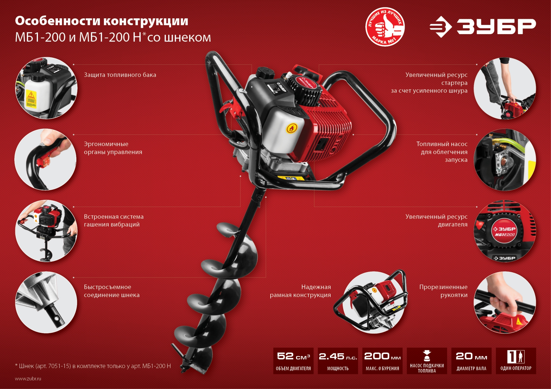 ЗУБР d 60 - 200 мм, 52 см3, 1 оператор, мотобур (бензобур) (МБ1-200)