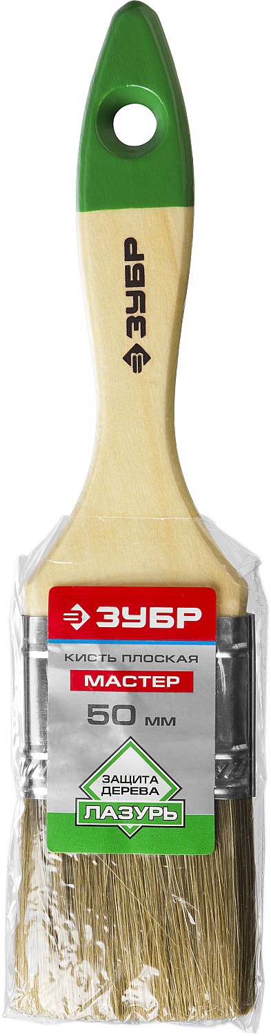 ЗУБР ЛАЗУРЬ, 50 мм, 2″, светлая смешанная щетина, деревянная ручка, для высокотекучих ЛКМ, плоская кисть (4-01009-050)