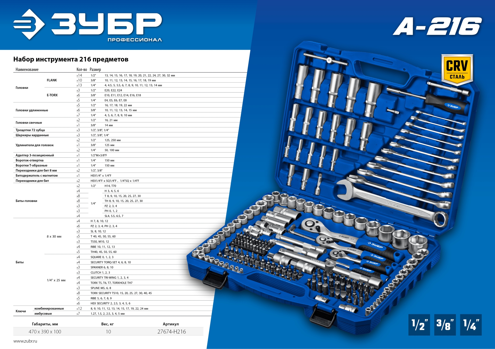 ЗУБР А-216, 216 предм., (1/2″+ 3/8″+ 1/4″), универсальный набор инструмента, Профессионал (27674-H216)