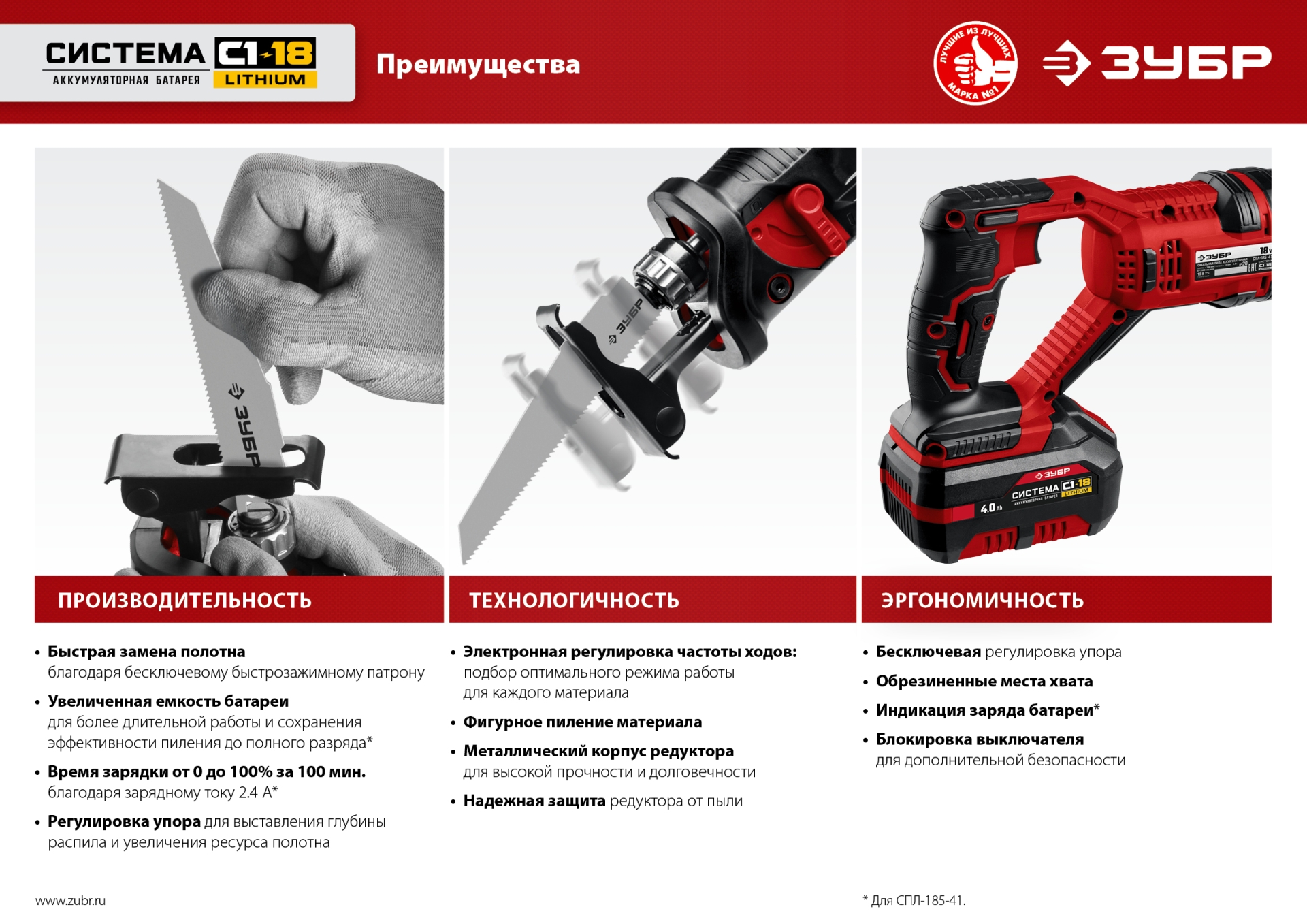 ЗУБР С1-18, 18 В, 180 мм, без АКБ, сабельная пила (СПЛ-185)