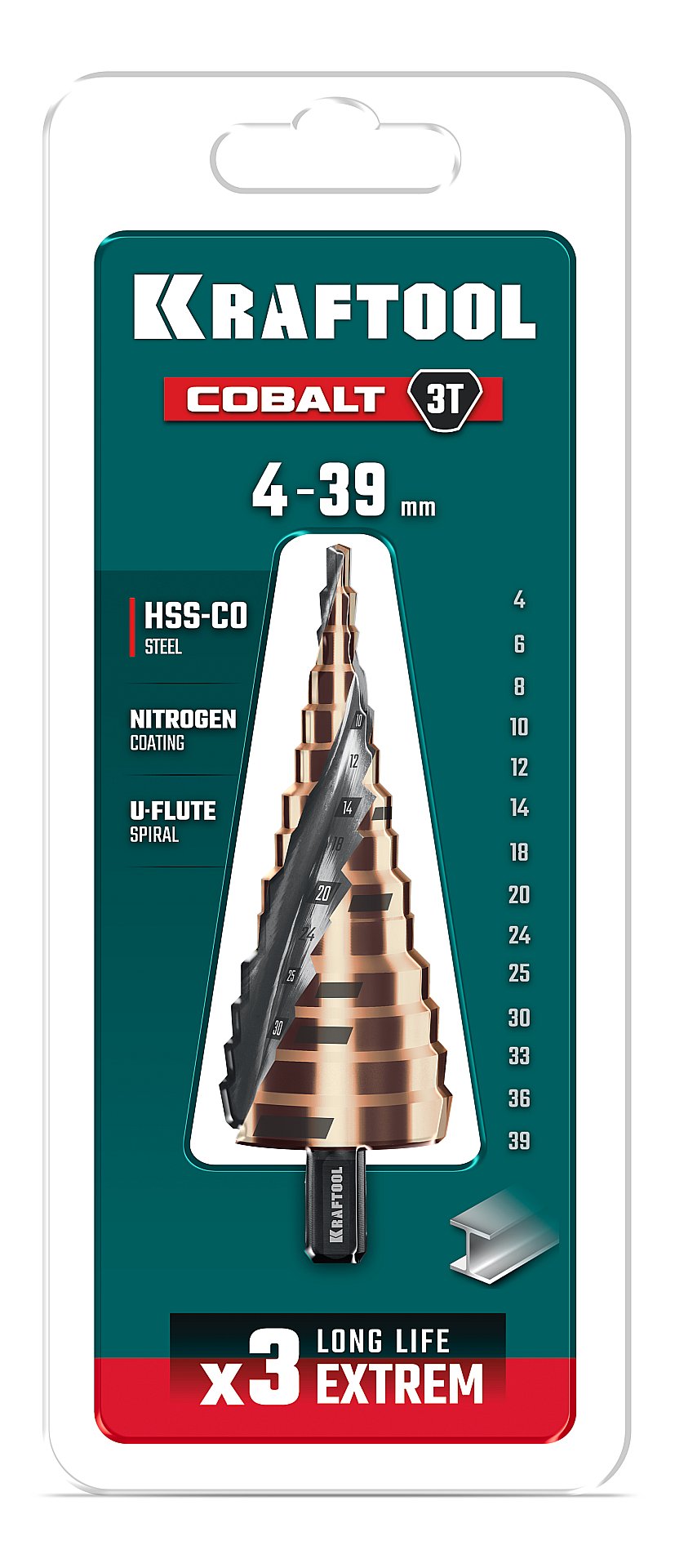 KRAFTOOL COBALT 4-39мм, 14 ступеней, азотирование, винтовая спираль, сверло ступенчатое(29691-4-39-14)