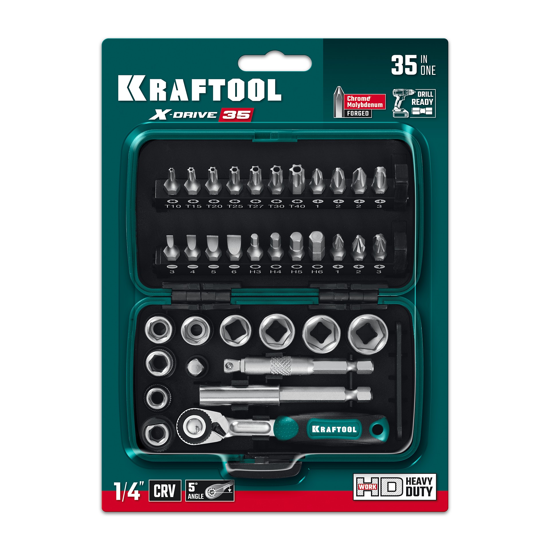 KRAFTOOL X-Drive 35, 35 предм., универсальный набор инструмента 1/4″ (27974)