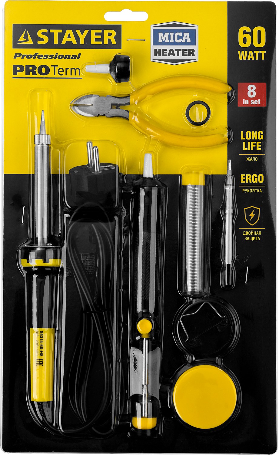STAYER PROTerm, 60Вт, 2к рукоят, конус, подставка+припой+сменн жало+оловоотсос+сменн насадка+канифоль+кусачки, паял набор, Professional (55314-60-H8)