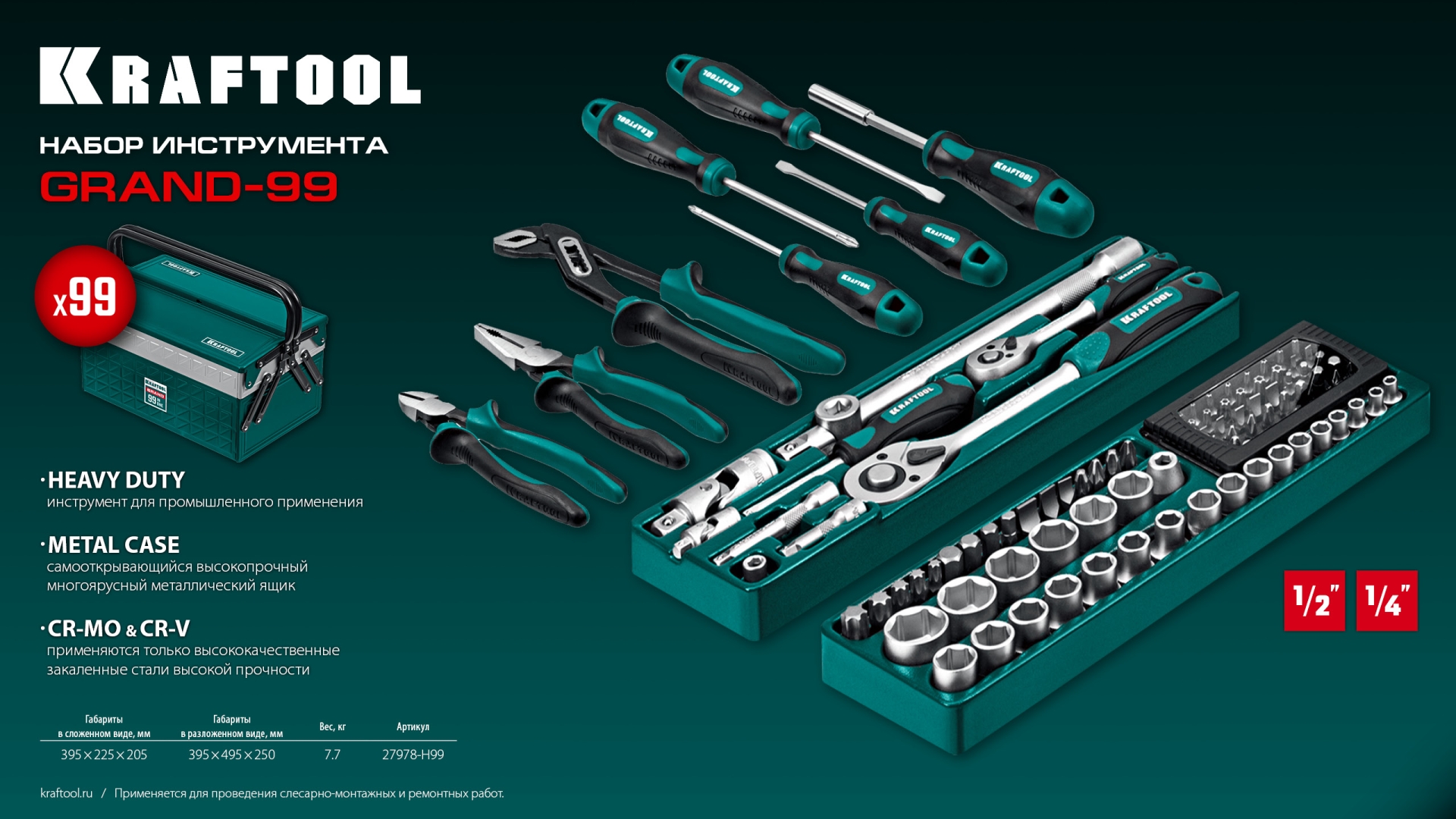 KRAFTOOL GRAND-99, 99 предм., (1/2″+1/4″), Универсальный набор инструмента (27978-H99)