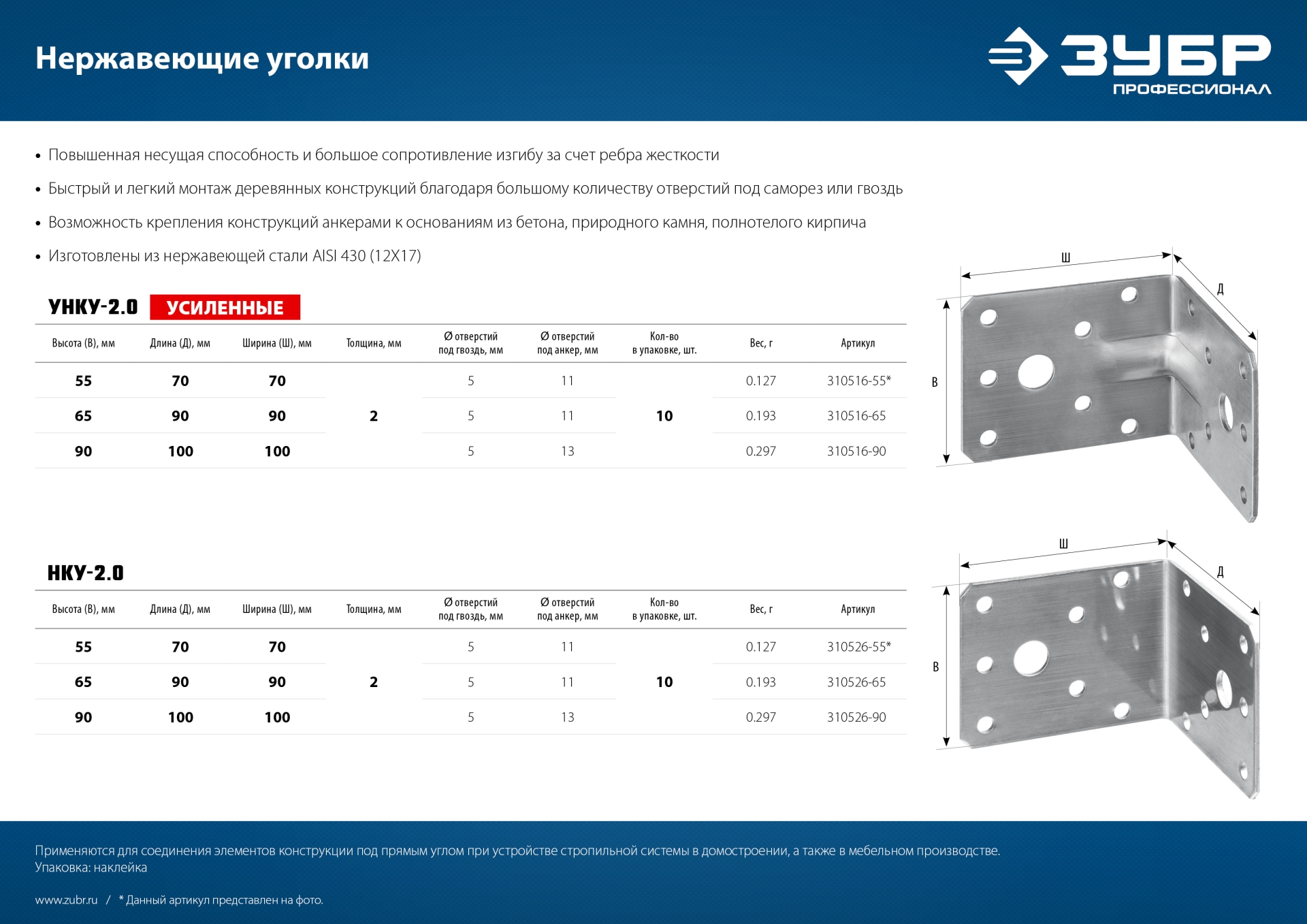 ЗУБР НКУ-2.0, 90 x 100 x 100 x 2 мм, нержавеющий крепежный уголок, Профессионал (310526-90)