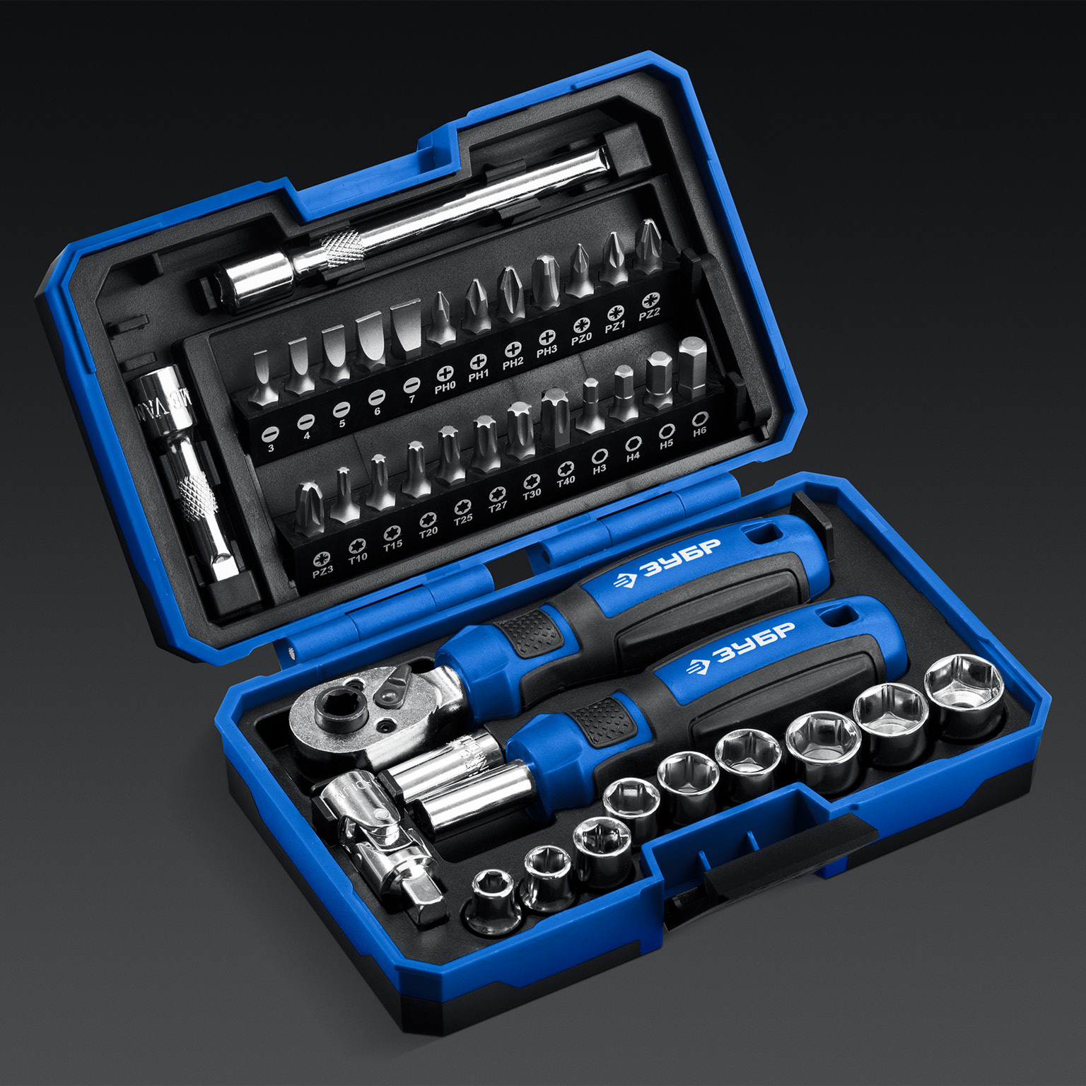 ЗУБР Профессионал-39 набор 39 шт: трещетка, отвертка-битодержатель с насадками (25180)