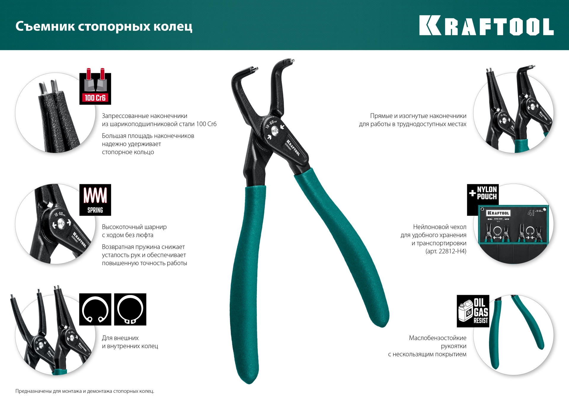 KRAFTOOL 180 мм, изогнутые губки, внутренний, съемник стопорных колец (22812-2)