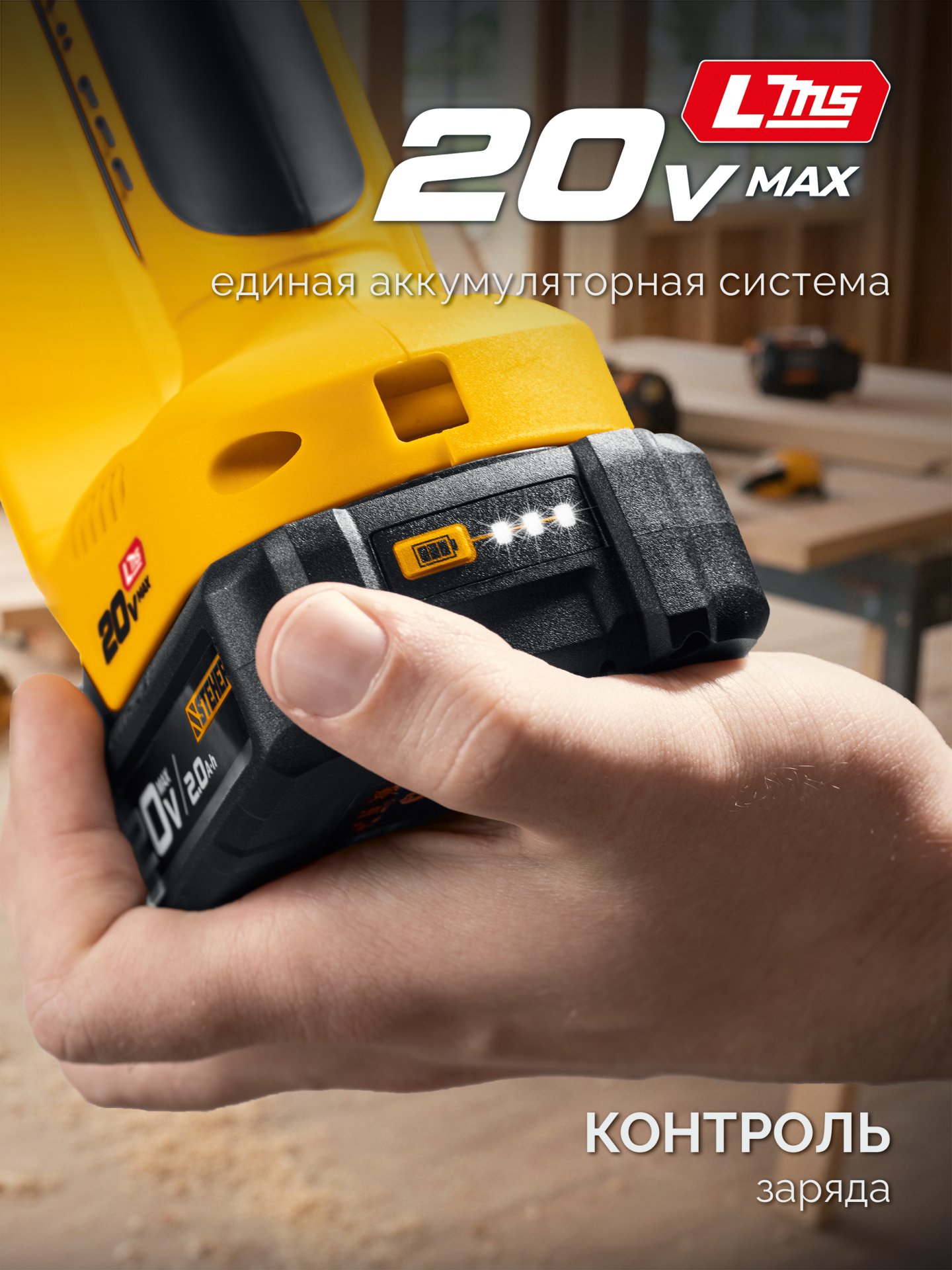 STEHER 20 В, 200 мм шина, 1 АКБ LMS (2 Ач), мини-пила цепная аккумуляторная (MCS-2020-21)