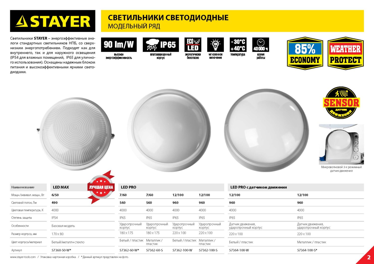 STAYER PROLight, 12(100 Вт), влагозащищенный светодиодный светильник (57364-100-W)