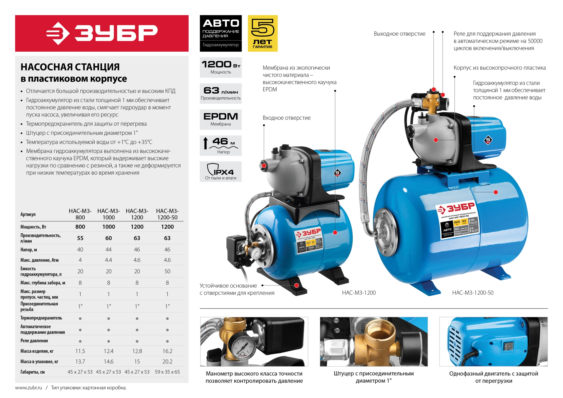 ЗУБР 1200 Вт, бак 50 л, автоматическая насосная станция (НАС-М3-1200-50)