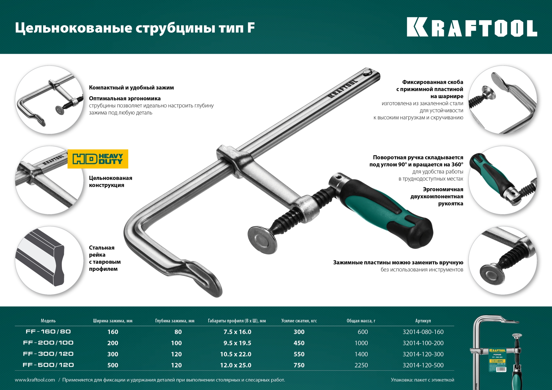 KRAFTOOL Forge FF-300/120, 120 х 300 мм, цельнокованая струбцина F (32014-120-300)