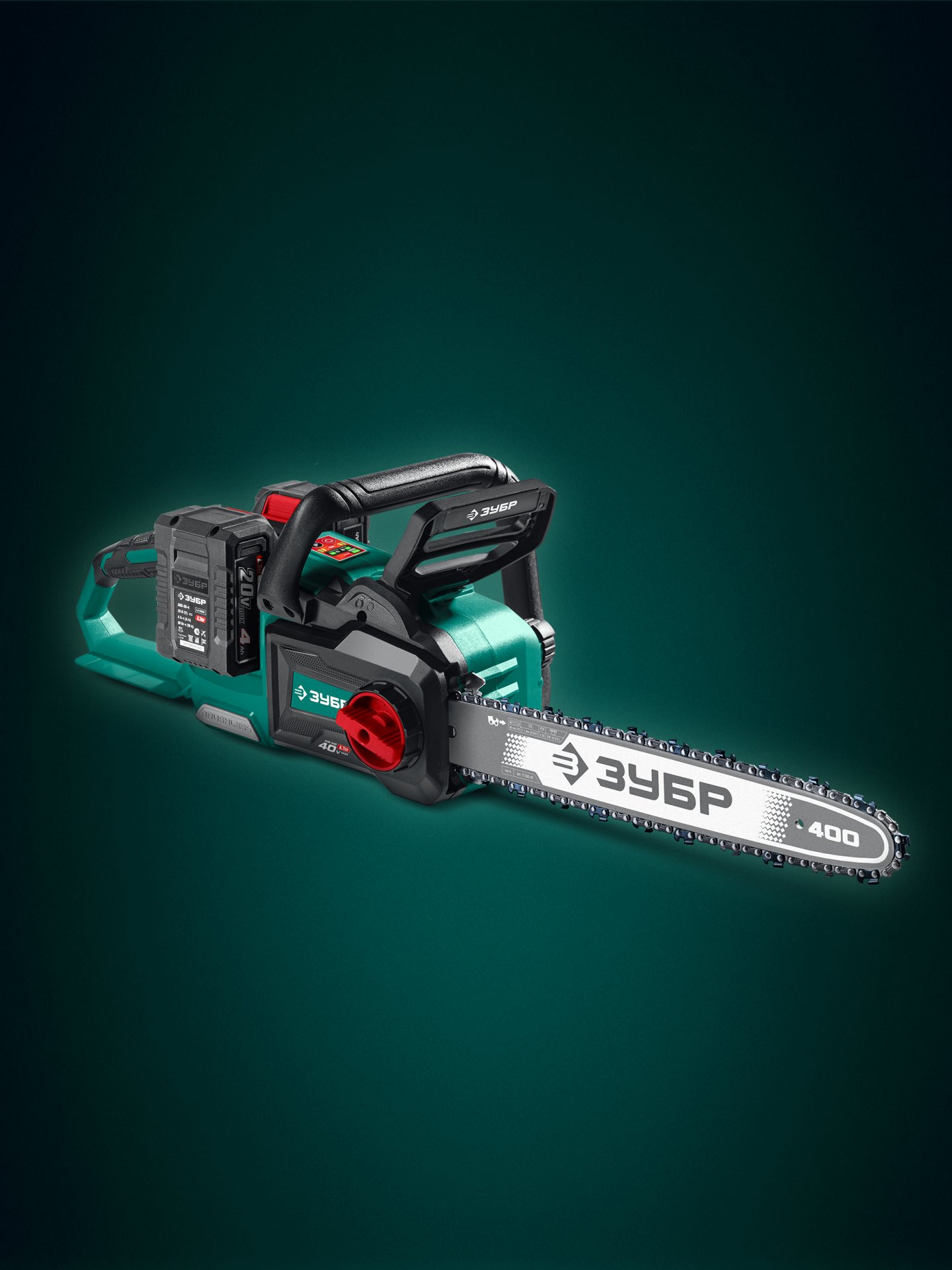 ЗУБР 40 В, (2x20В), 400 мм шина, 2 АКБ LMS (4 Ач), пила цепная аккумуляторная (ПЦБ-4040-42)