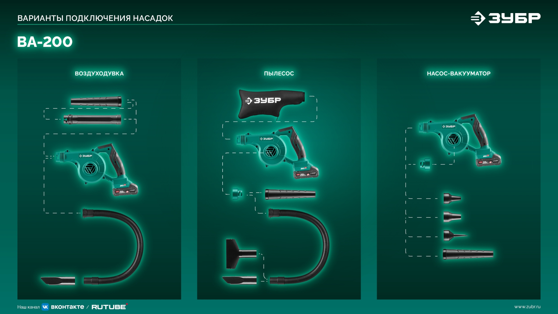 ЗУБР 20 В, 200 м3/ч, 1 АКБ LMS (2 Ач), воздуходувка-пылесос аккумуляторная (ВА-200-21)