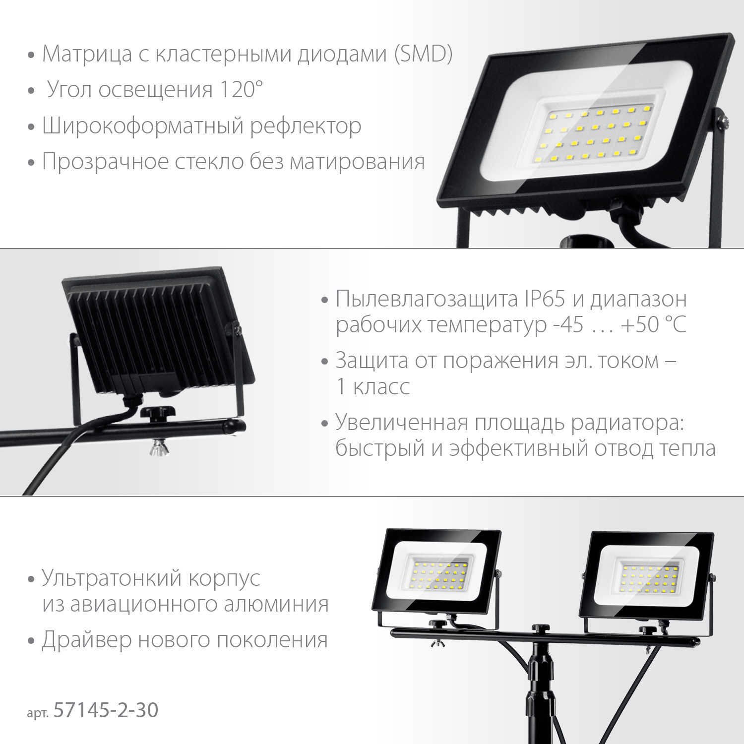 ЗУБР ПСК 30х2, 2 х 30 Вт, 6500 К, IP 65, 1.6 м, светодиодные прожекторы на штативе, Профессионал (57145-2-30)