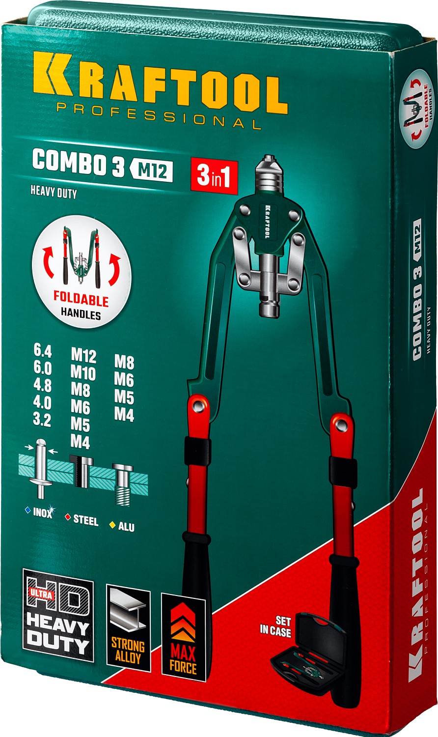 KRAFTOOL Combo3-M12, 3 вида заклёпок, комбинированный складной заклепочник в кейсе (31182)