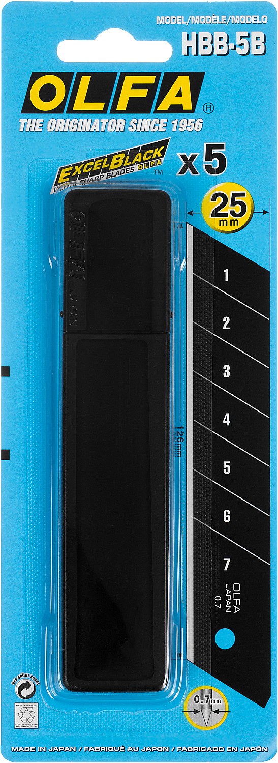 OLFA 25 мм, 5 шт, в пластиковом кейсе + блистер, черные сегментированные лезвия, особо острые, EXCEL BLACK (OL-HBB-5B)