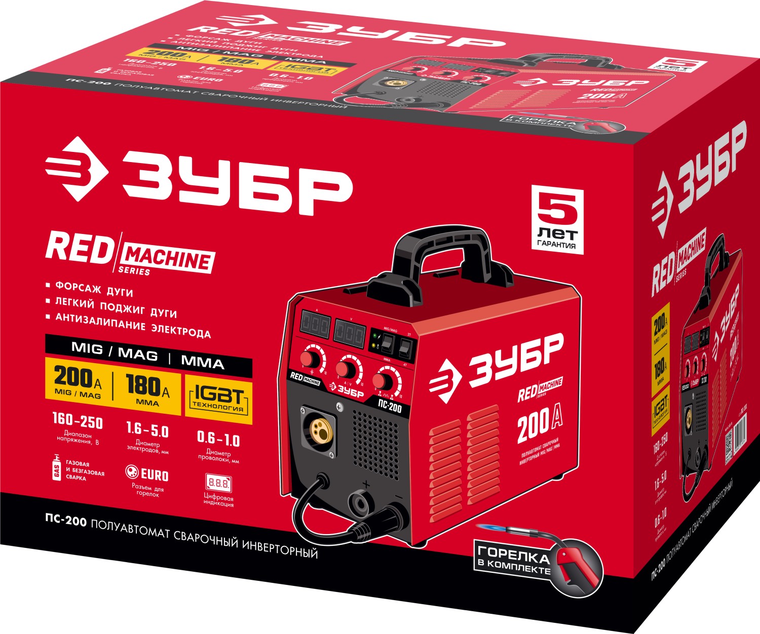 ЗУБР MIG-MAG / ММА, 200 А, RED MACHINE, сварочный полуавтомат инверторный (ПС-200)