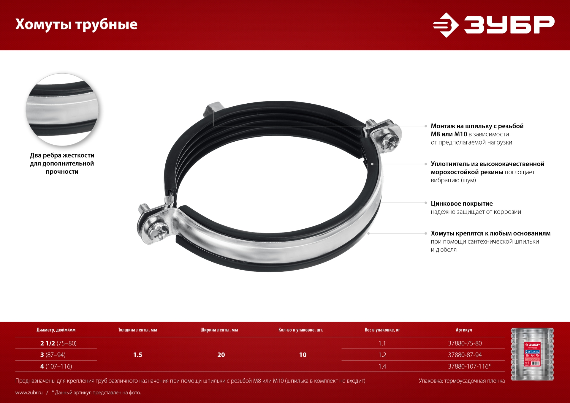 ЗУБР 2 1/2″, М8/М10, цинк, 10 шт, трубный хомут с гайкой (37880-75-80)