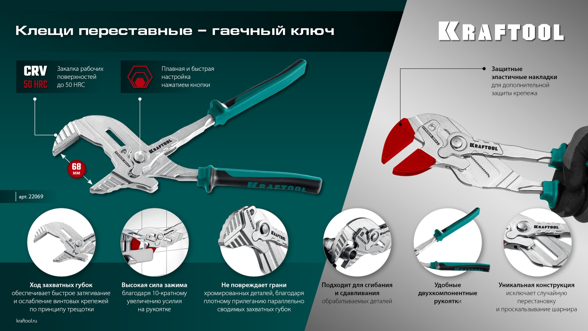 KRAFTOOL Vise-Wrench X 300 мм, Клещи переставные-гаечный ключ (22069)