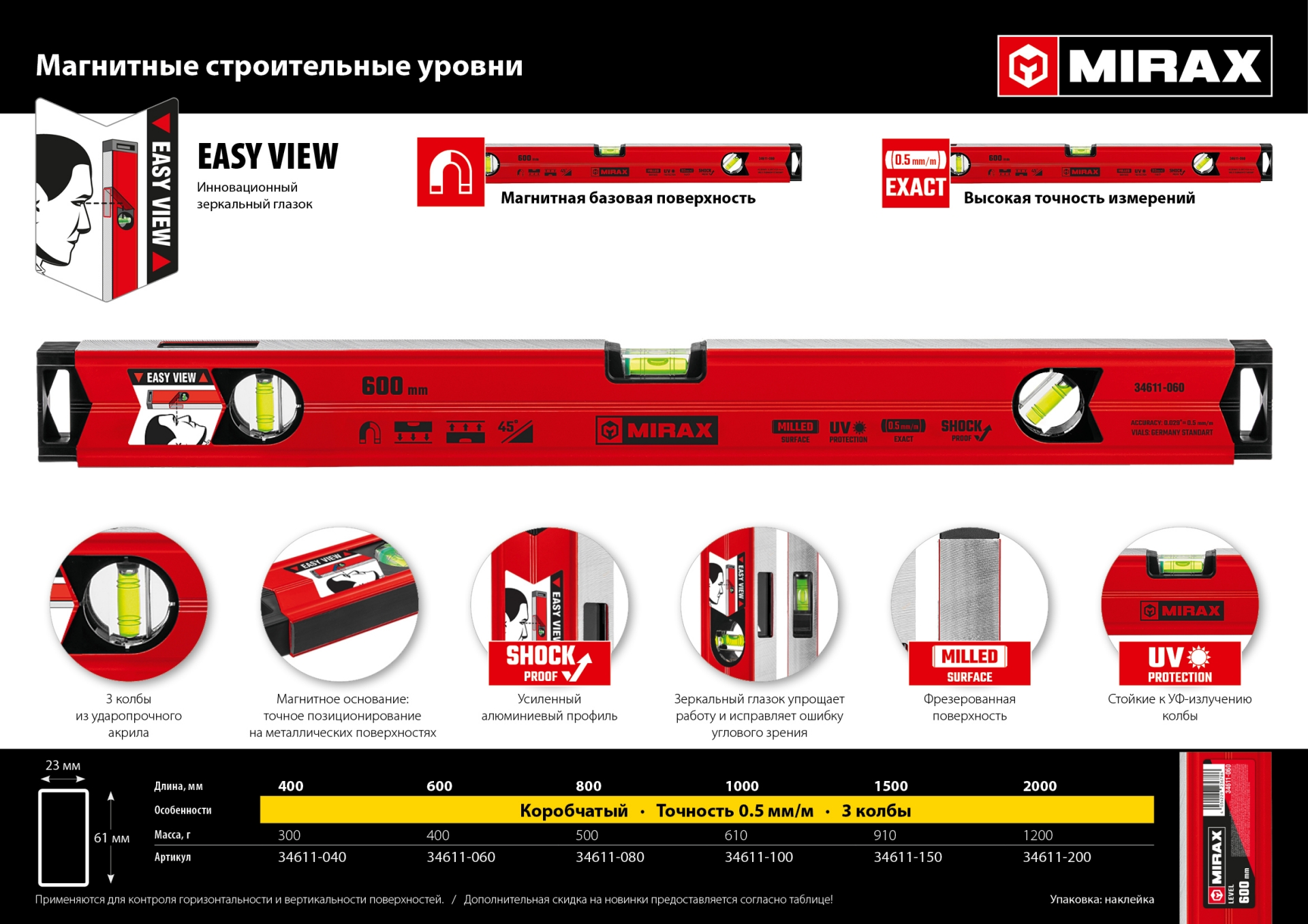 MIRAX 2000 мм, с зеркальным глазком, магнитный уровень (34611-200)