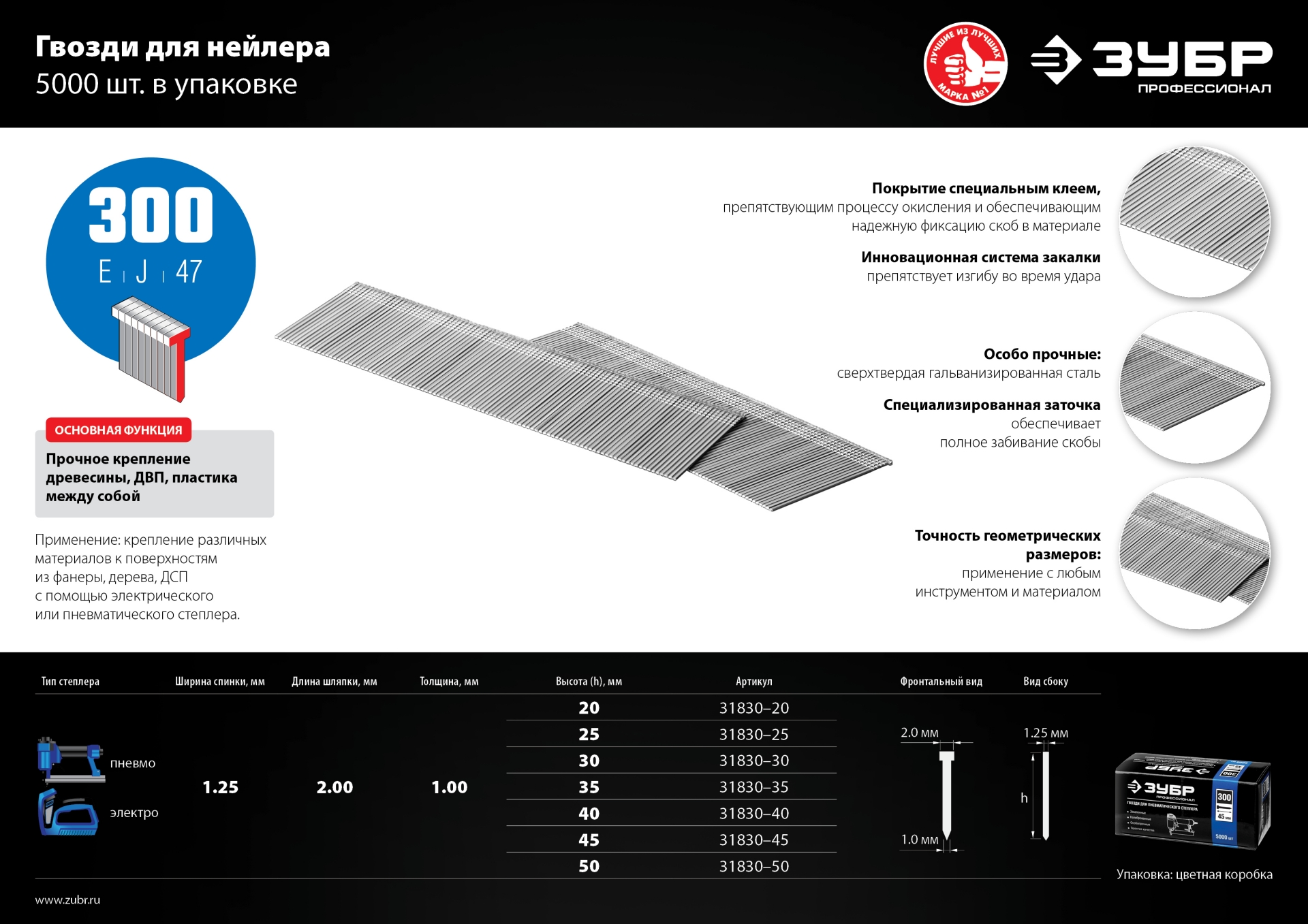 ЗУБР гвозди тип 300 (47/J/F), 30 мм, калибр 18GA. 5000 шт. Профессионал (31830-30)