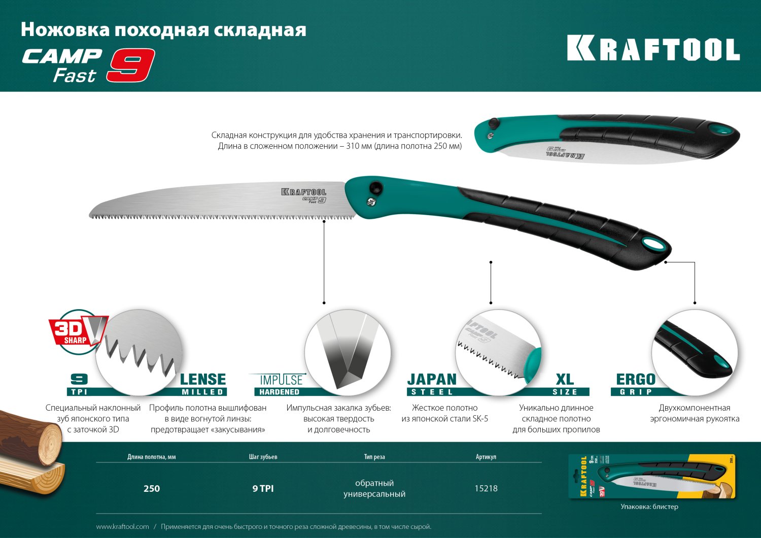 KRAFTOOL Camp Fast 9, 250 мм, ножовка для быстрого реза сырой древесины (15218)