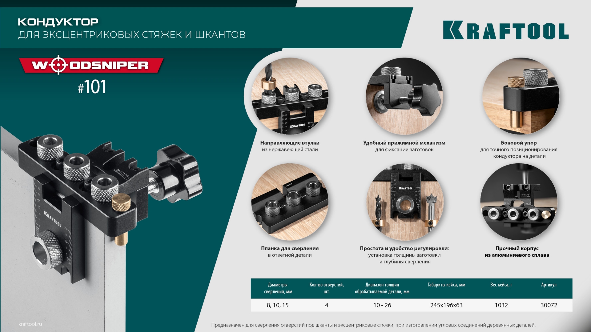 KRAFTOOL Woodsniper 101, ″3-в-1″ кондуктор для эксцентриковых стяжек и шкантов (30072)