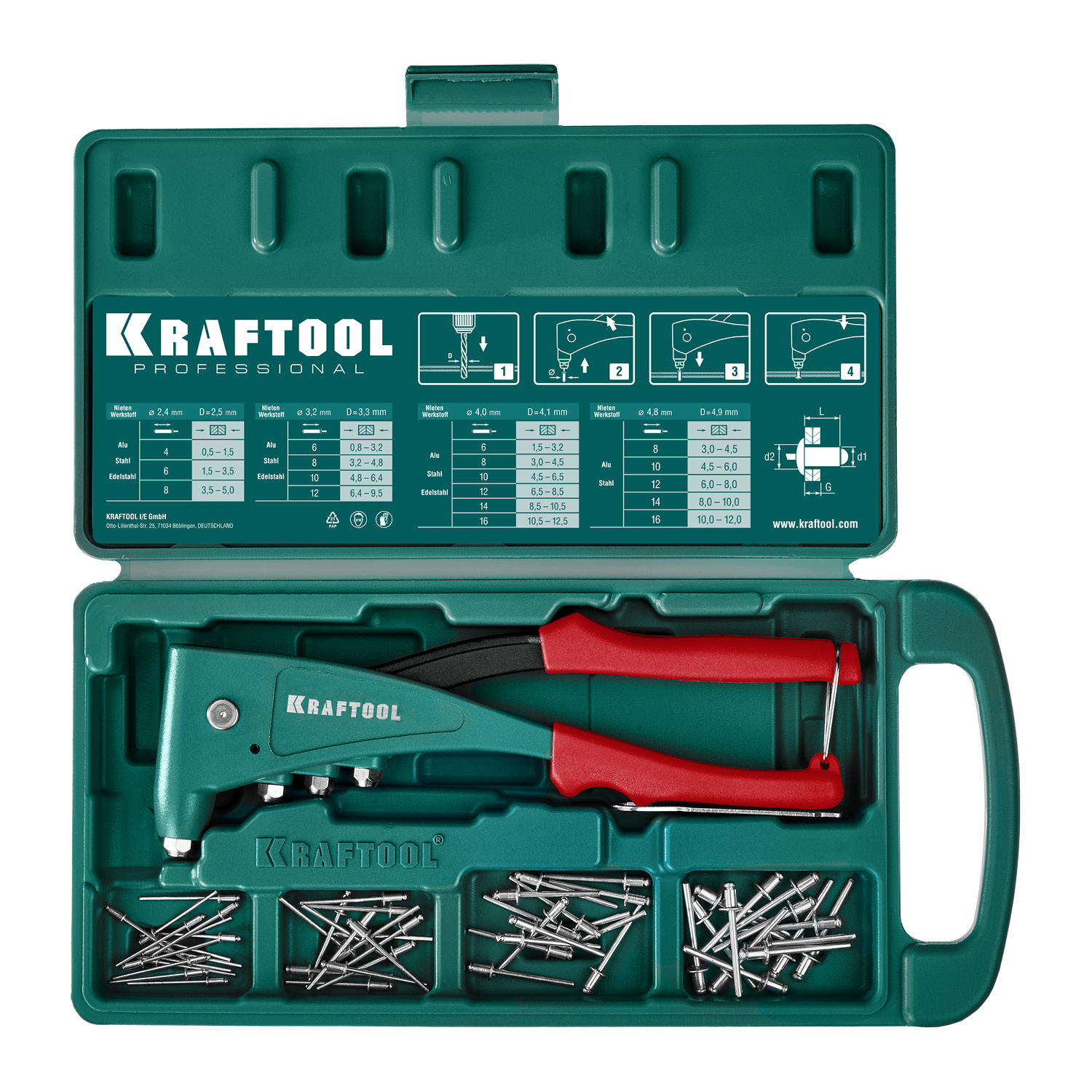 KRAFTOOL X-5F, 2.4 - 4.8 мм, 260 мм, удержание заклепки, литой заклепочник в кейсе (31173-H6)