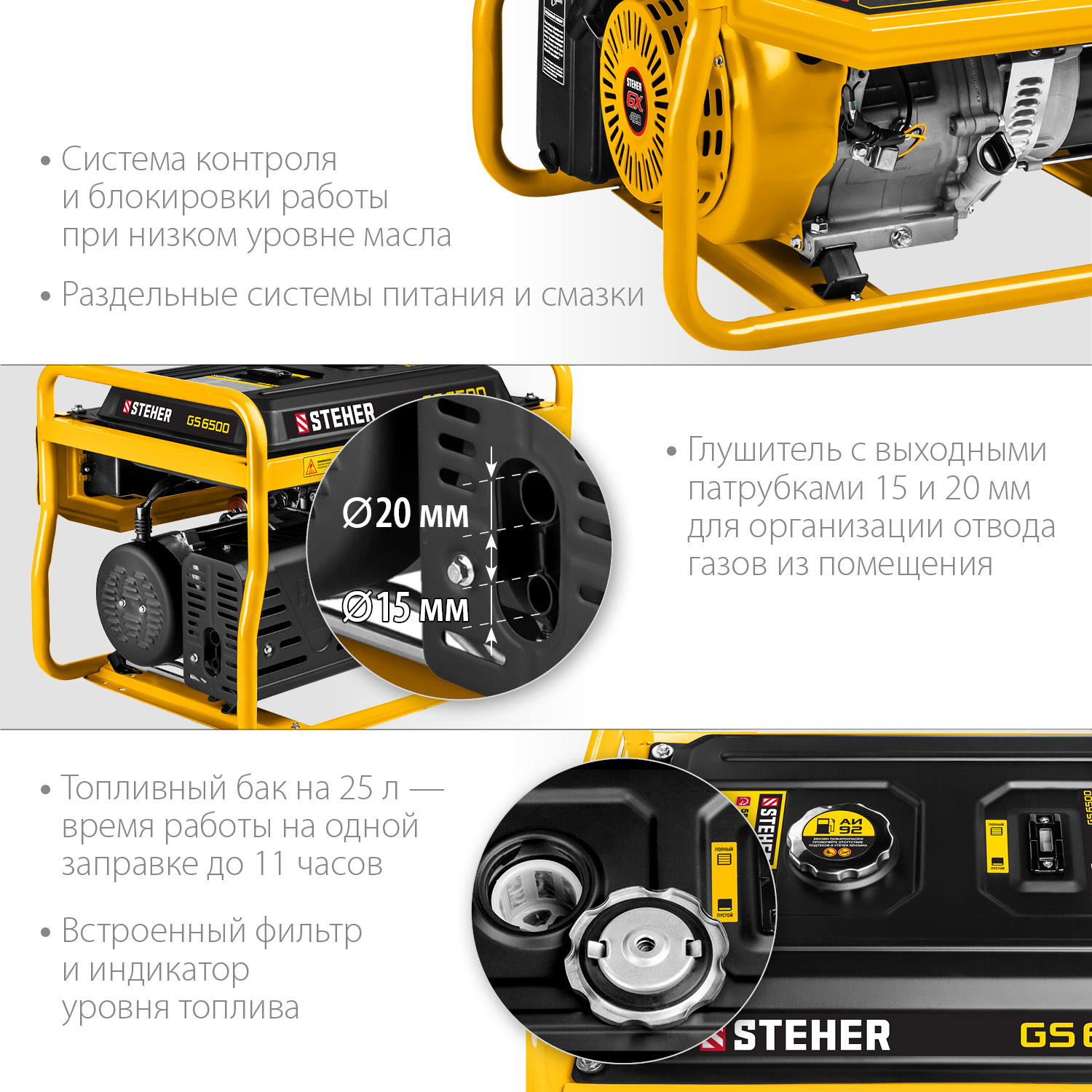 STEHER 5500 Вт, бензиновый генератор (GS-6500)