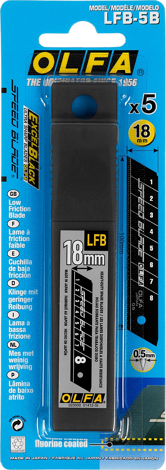 OLFA 18 мм, 5 шт, в пластиковом кейсе + блистер, тефлоновые сегментированые лезвия (OL-LFB-5B)
