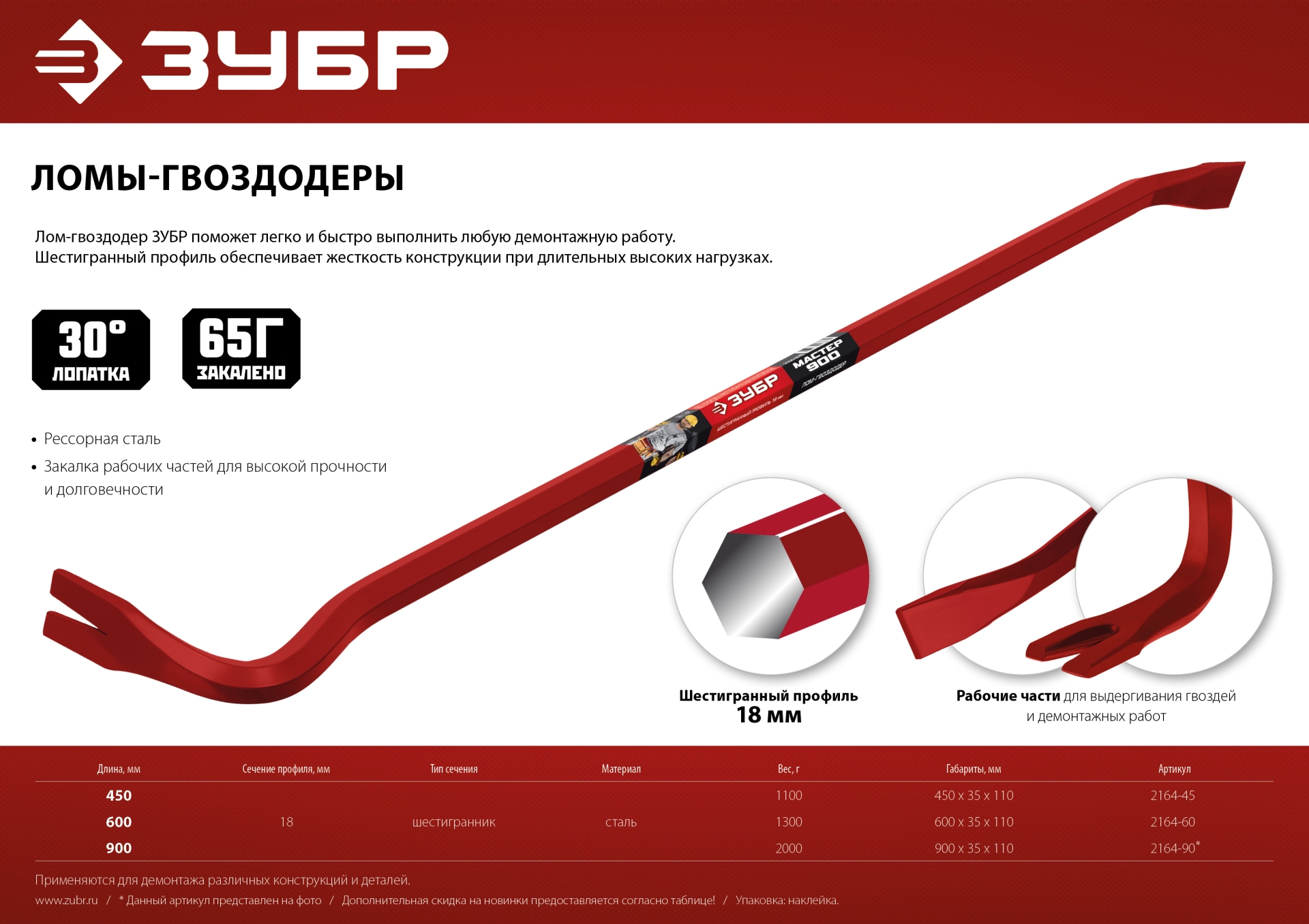 ЗУБР Hex-18, 600 мм, лом-гвоздодер (2164-60)