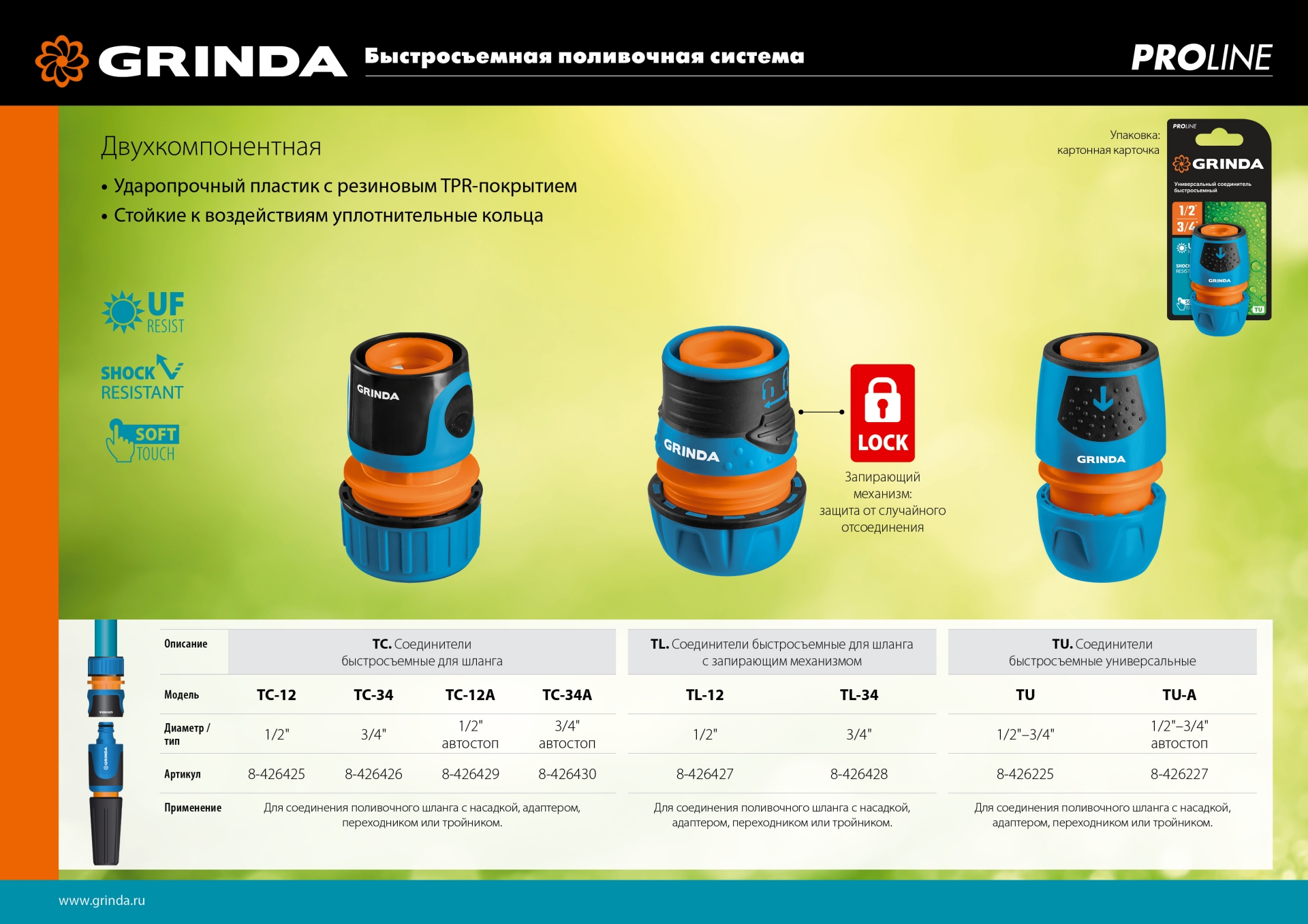 GRINDA TC-12, 1/2″, пластиковый с покрытием TPR, для шланга, быстросъемный соединитель, PROLine (8-426425)