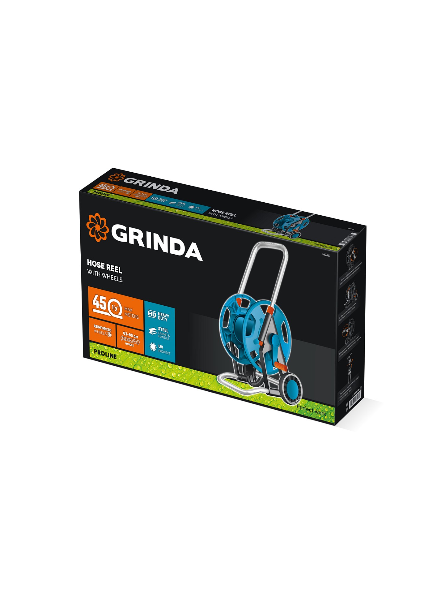 GRINDA HC-45, для шлангов 45м x 1/2″ и 20м х 3/4″, усиленные колёса, телескопическая ручка, катушка для шлангов ProLine (8-428425)