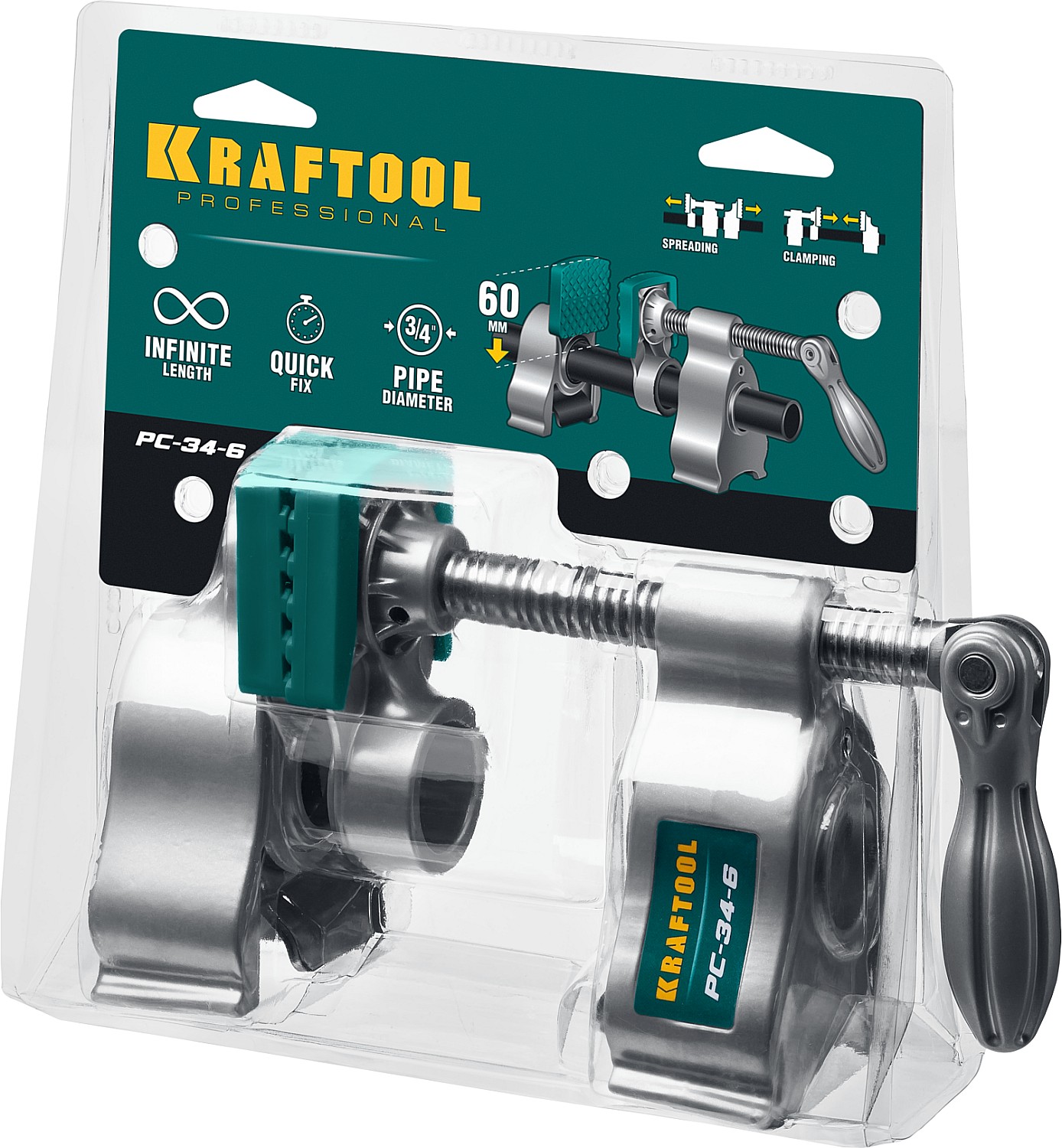 KRAFTOOL PC-34-6, 3/4″, глубина зажима 60 мм, зажим и распор, трубная струбцина (32301-1)