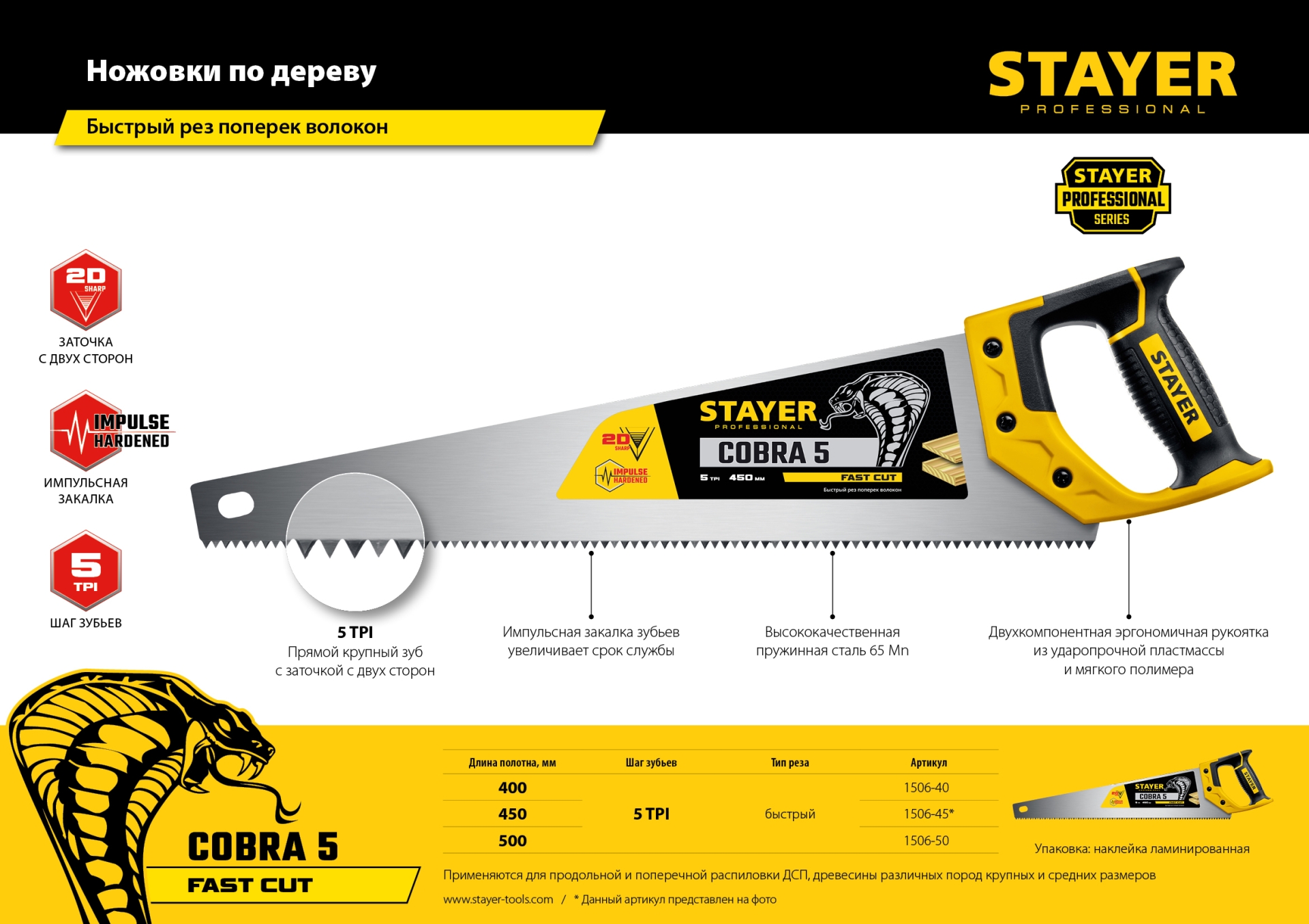 STAYER Cobra 5, 450 мм, ножовка по дереву, Professional (1506-45)