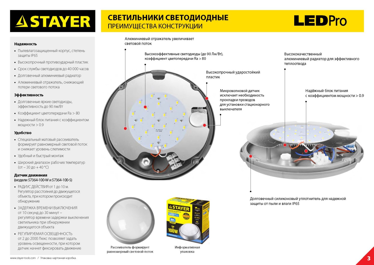 STAYER PROLight, 12(100 Вт), влагозащищенный светодиодный светильник (57364-100-W)